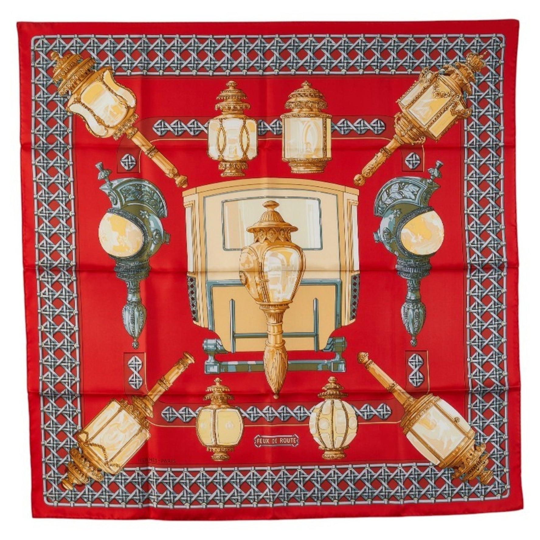 Hermes Hermès Carré 90 FEUX DE ROUTE Carriage Lantern Scarf, Red Multicolor Silk