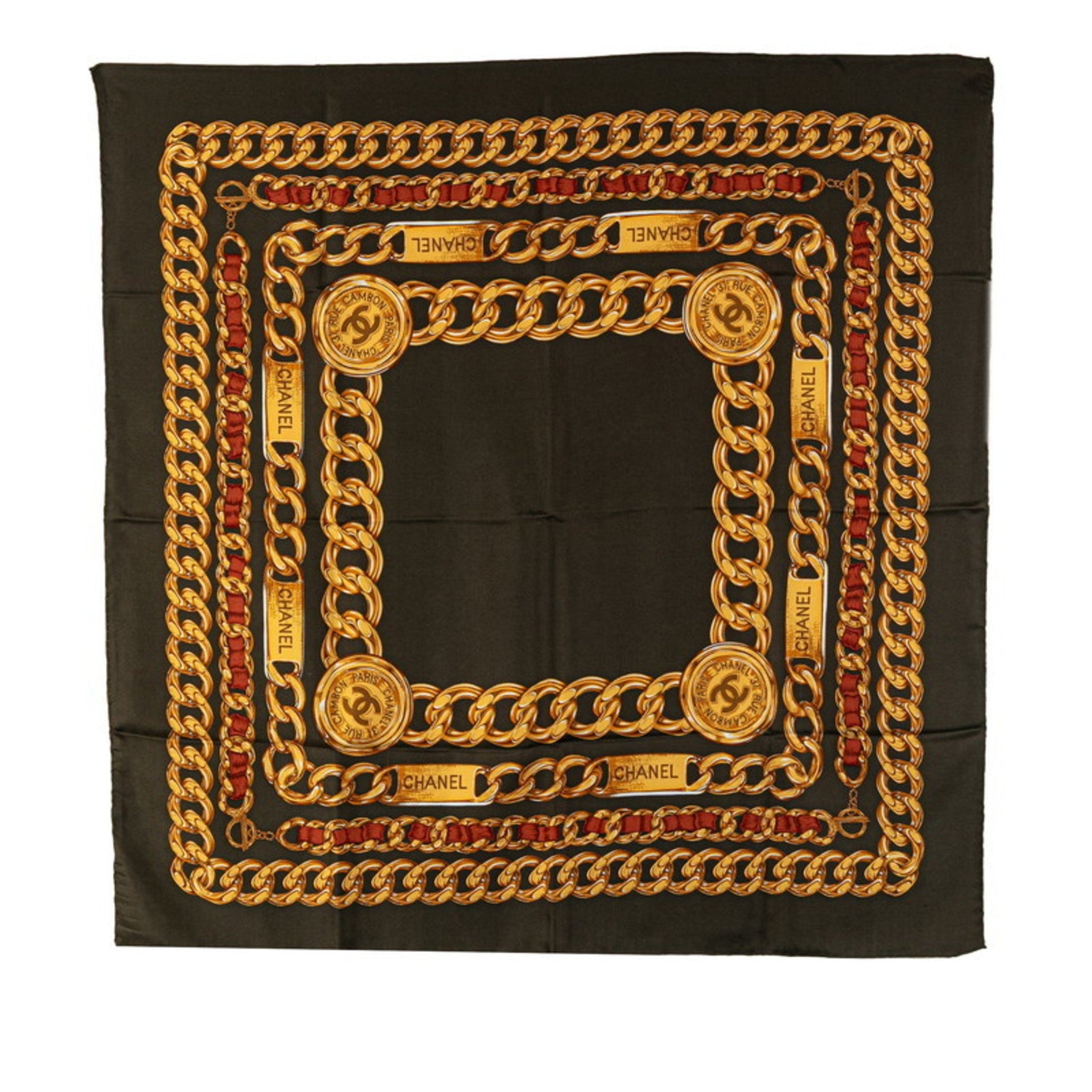 Chanel Chain Motif Scarf, Khaki, Gold, Multicolor, Silk