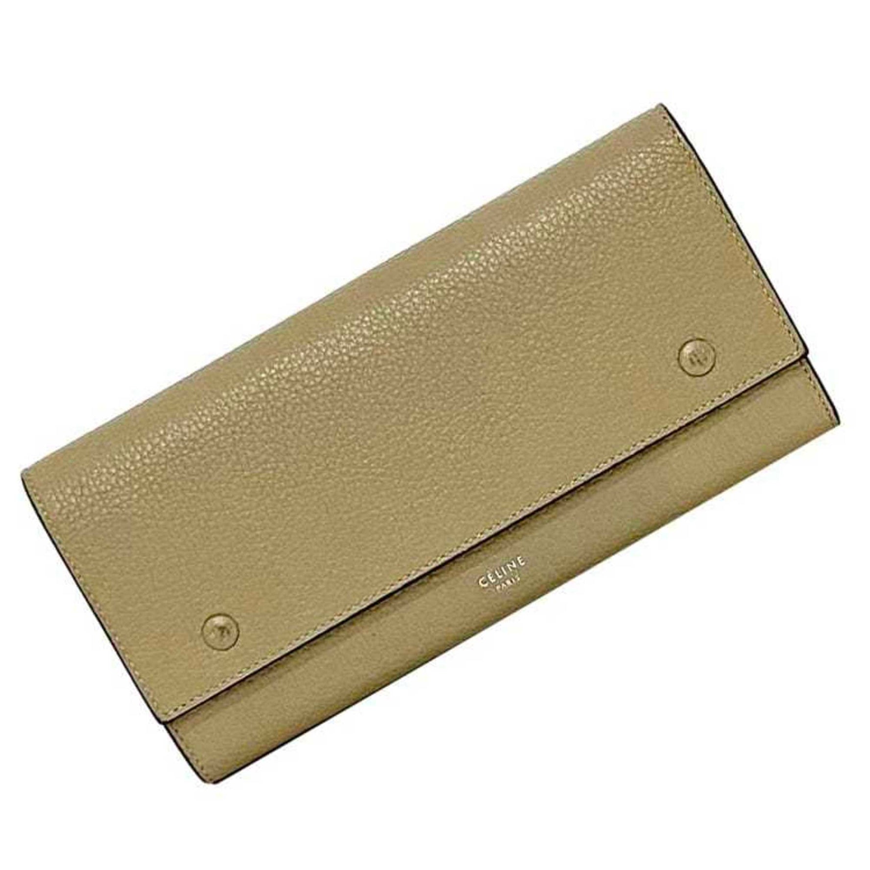 Celine Bi-fold Long Wallet Large Multi-function Beige Red Leather Flap Grain