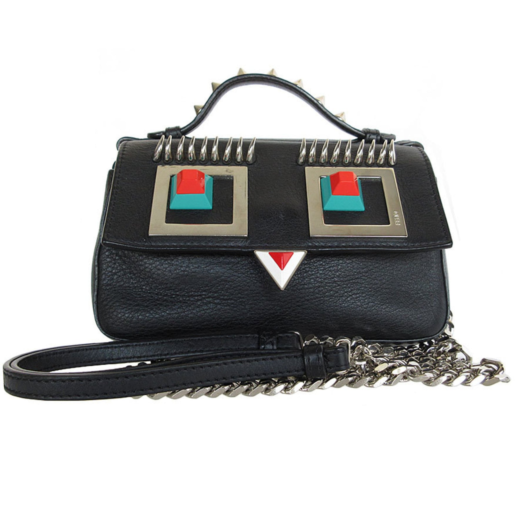 FENDI Shoulder Bag Handbag Double Micro Baguette Leather Metal Black Yellow Beige Silver