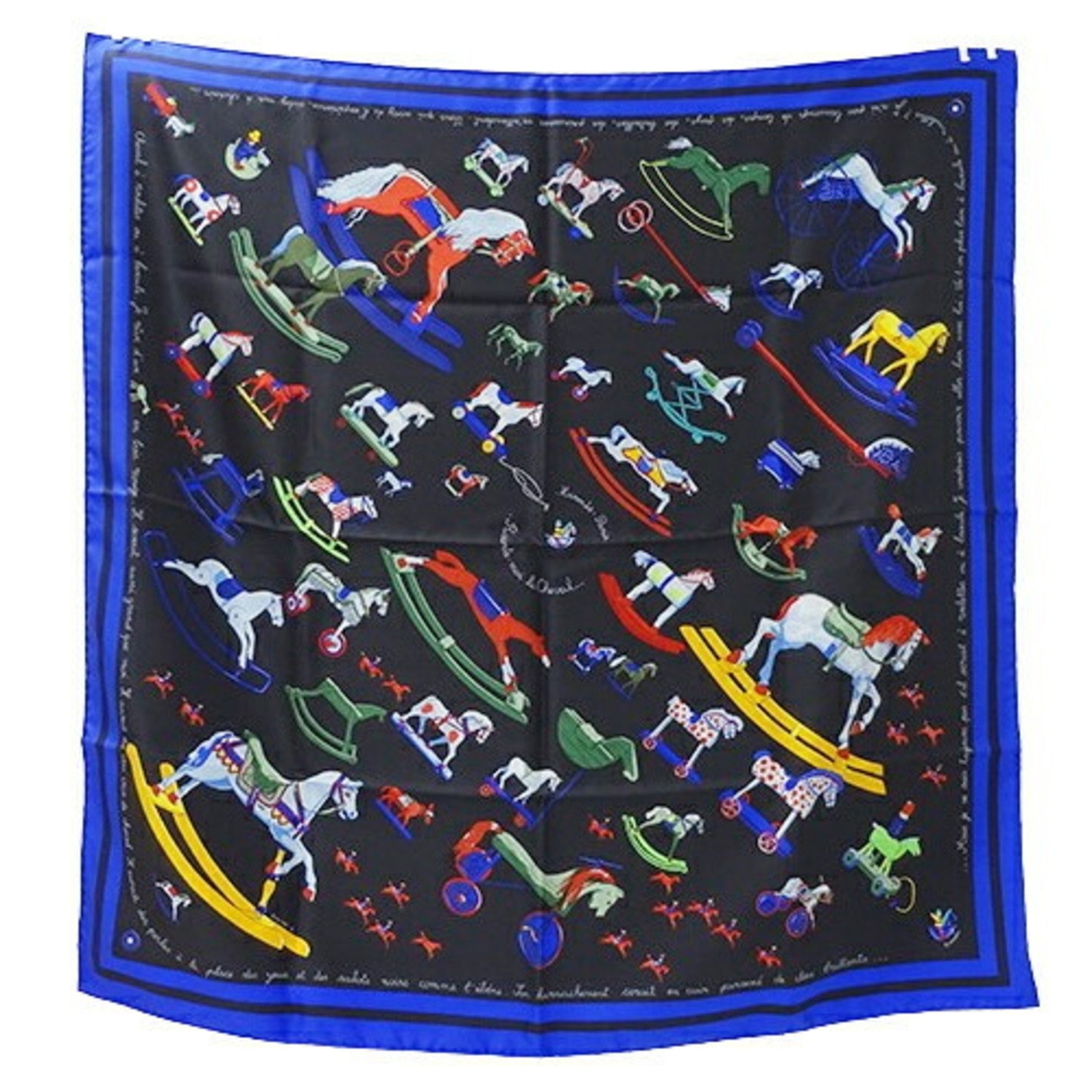 Hermes Scarf Muffler Carre 90 RACONTE MOI LE CHEVAL Talking about Horses Silk Black Blue Large