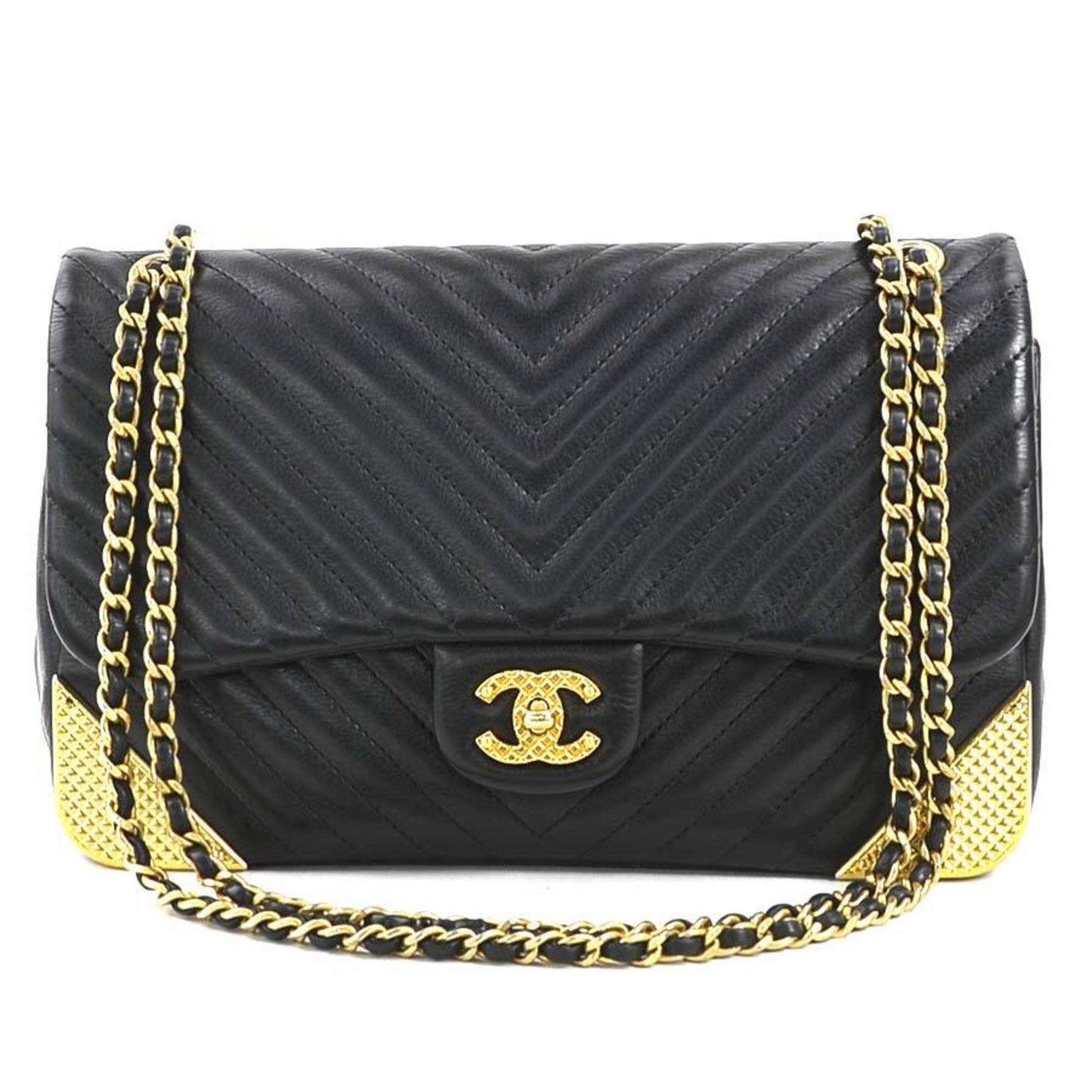 CHANEL Shoulder Bag V-Stitch Leather Metal Black Gold