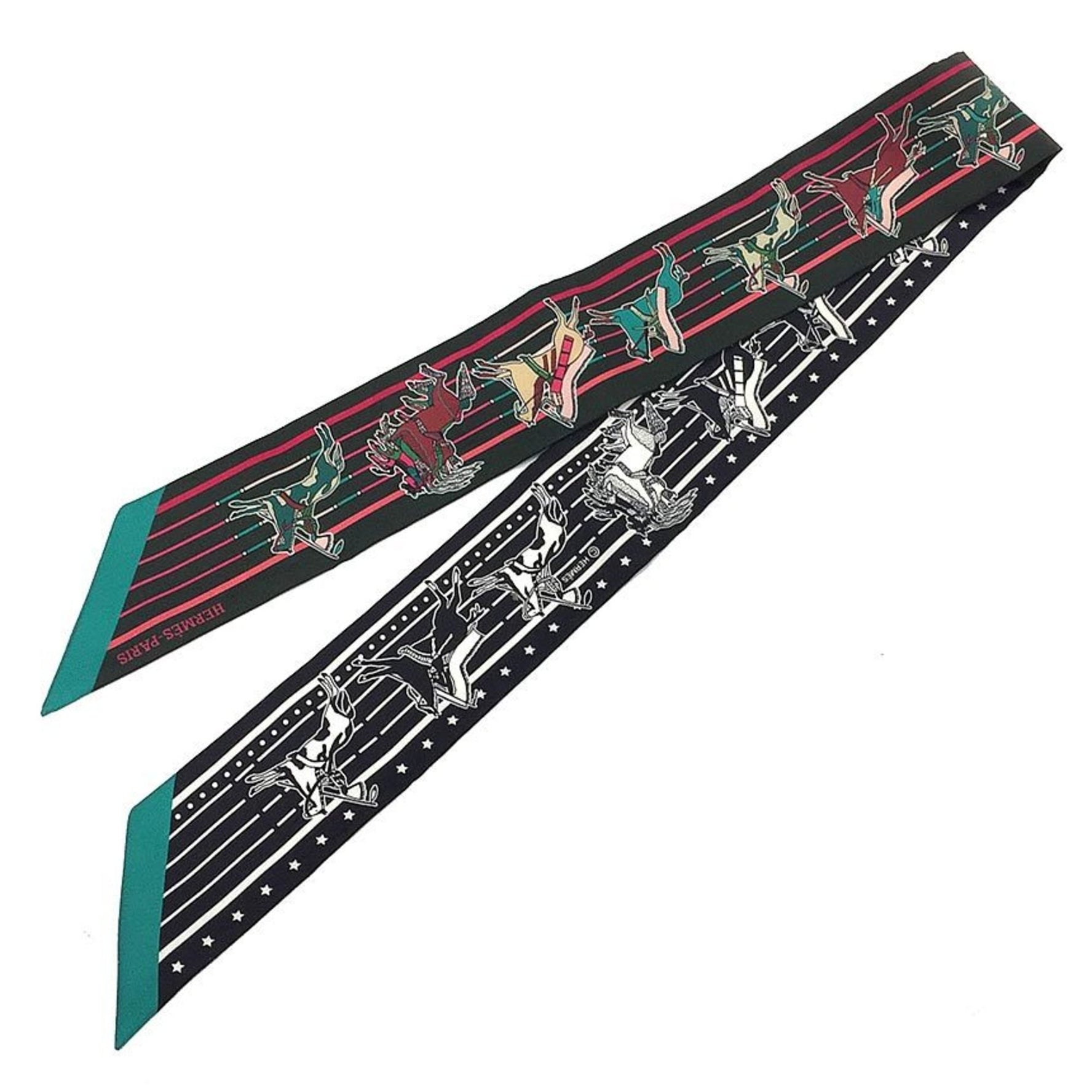 HERMES Twilly Pani La Shar Pawnee Chief of the Scarf Vert Fonc/Rose Vif/Noir 100% Silk