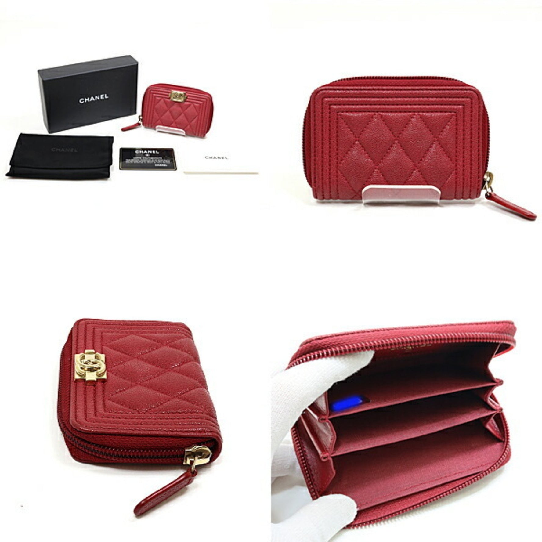 CHANEL Boy Card Case Red Gold Metal Fittings Serial Seal Caviar Skin