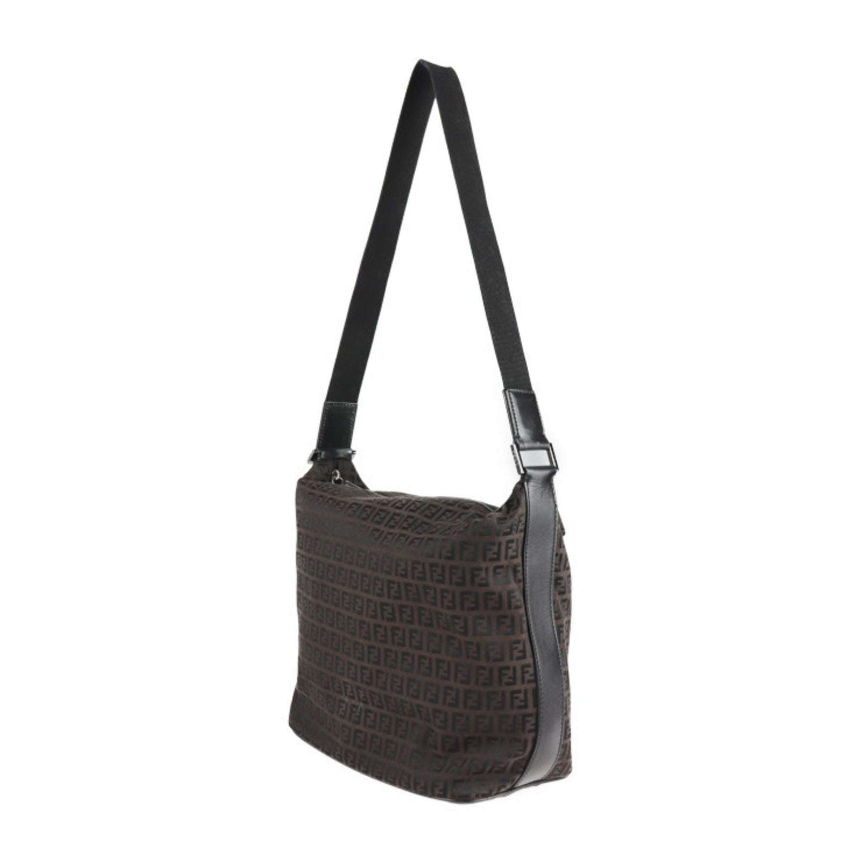 FENDI Zucchino Shoulder Bag Canvas Leather Dark Brown Black Messenger Tote