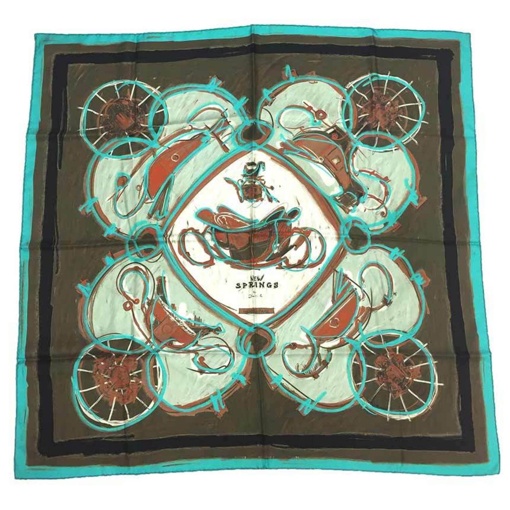 HERMES Carre 90 Scarf Muffler NEW SPRINGS New Spring Carriage Pattern Khaki x Light Blue 100% Silk