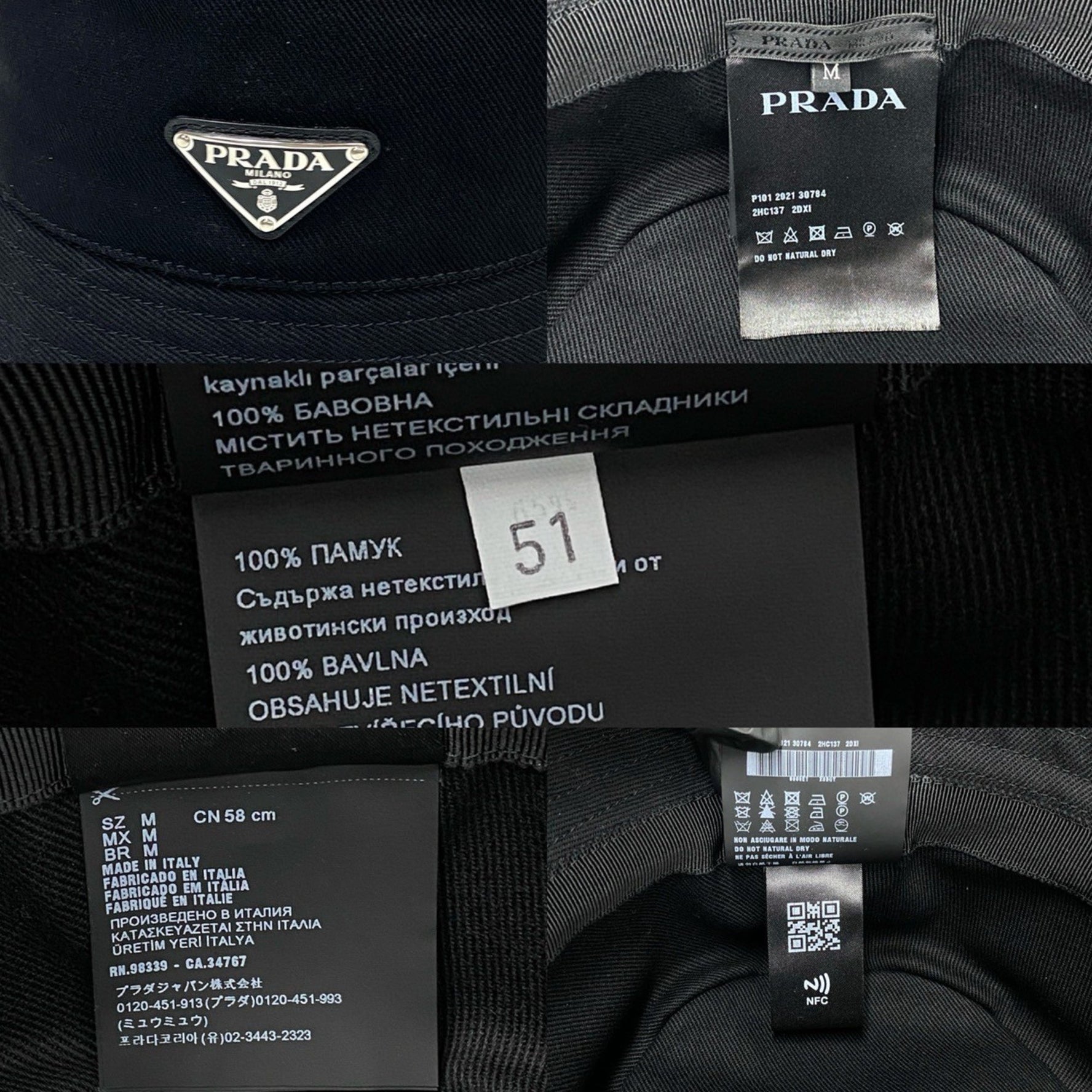PRADA Re-Nylon Bucket Hat with Triangle Logo and Metal Hardware, Cotton, Size M