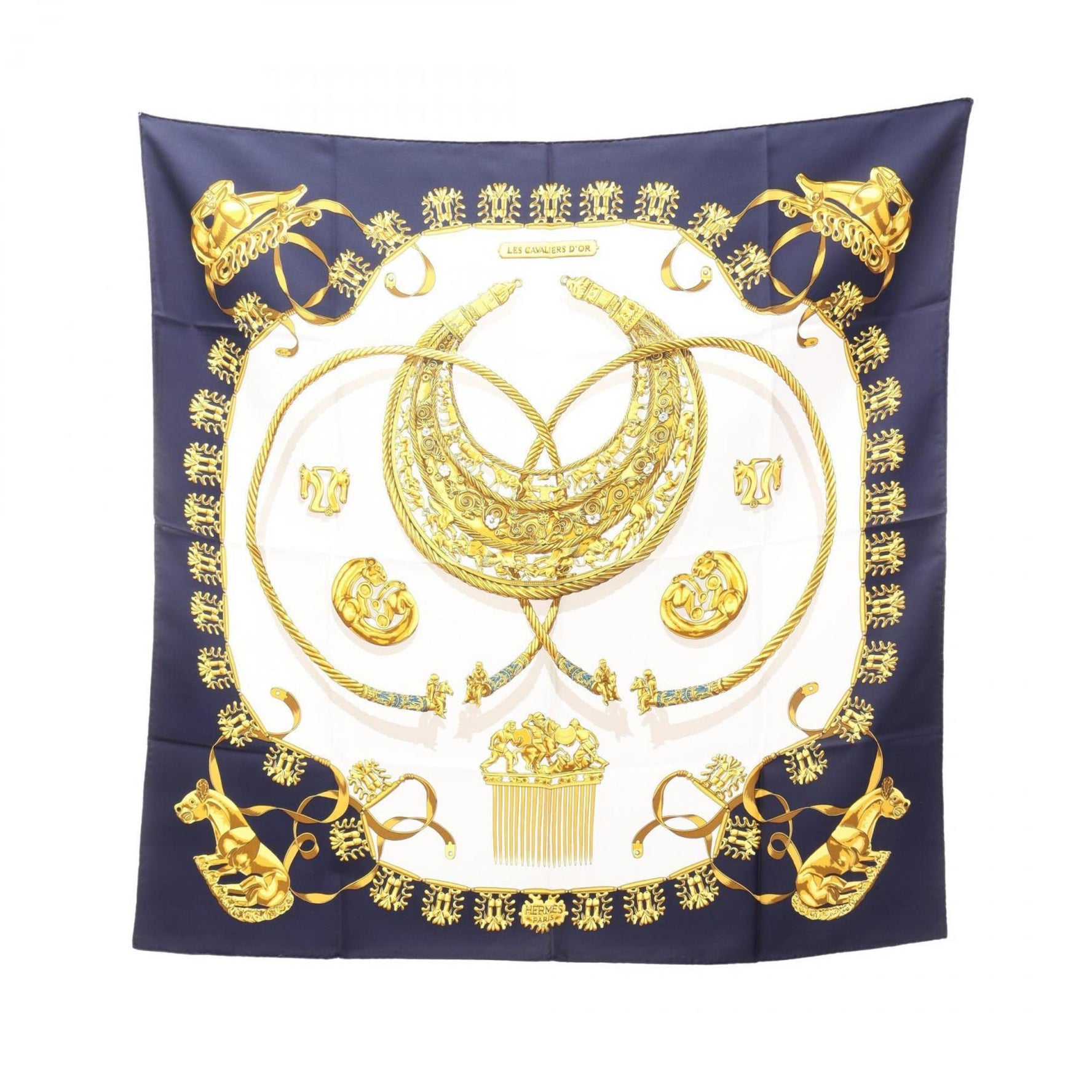 Hermès HERMES Carré 90 LES CAVALIERS D'OR Silk Scarf Navy, White, and Gold