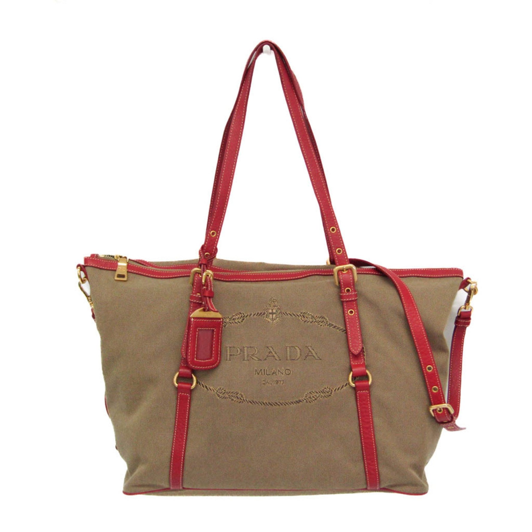 Prada LOGO JACQUARD Leather,Jacquard Shoulder Bag,Tote Bag Beige,Red Color