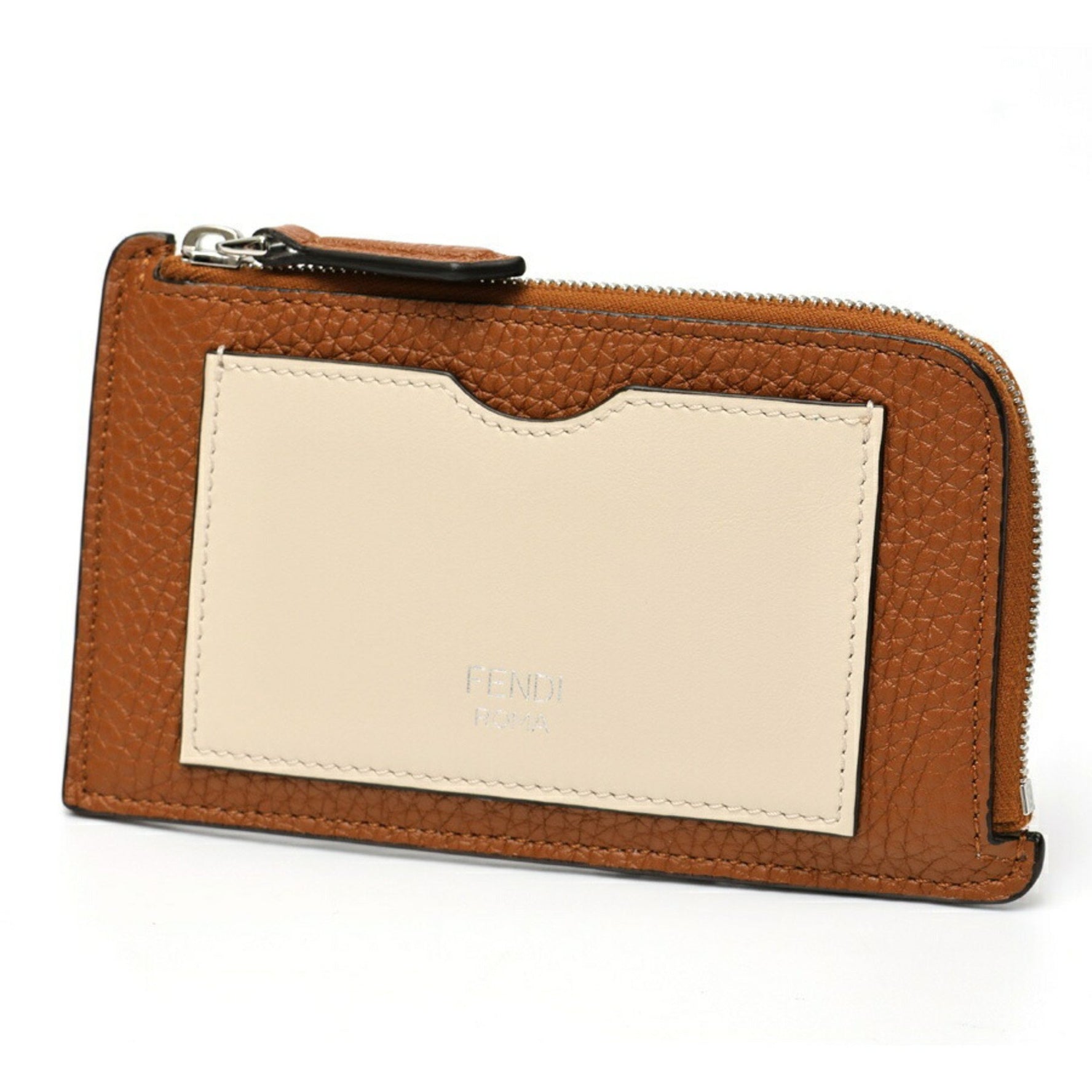 FENDI Coin Card Holder Case Leather Brown Ivory