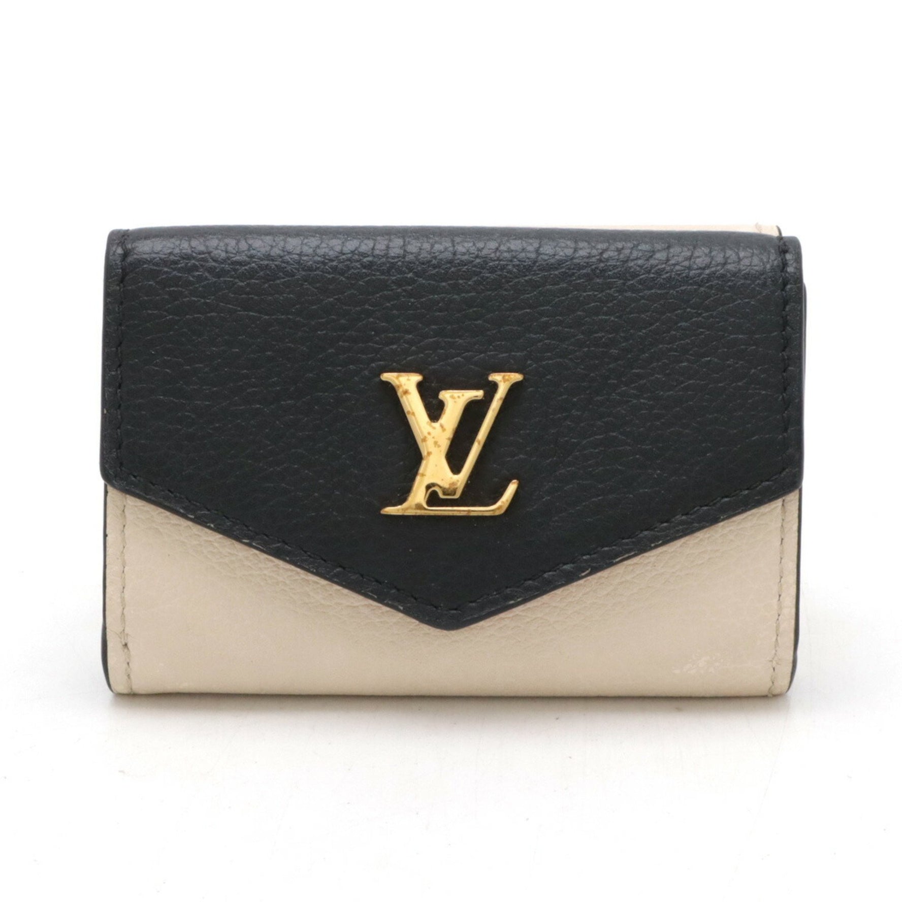 Louis Vuitton Portefeuille Lock Tri-fold Wallet Compact Bicolor Leather Beige Black