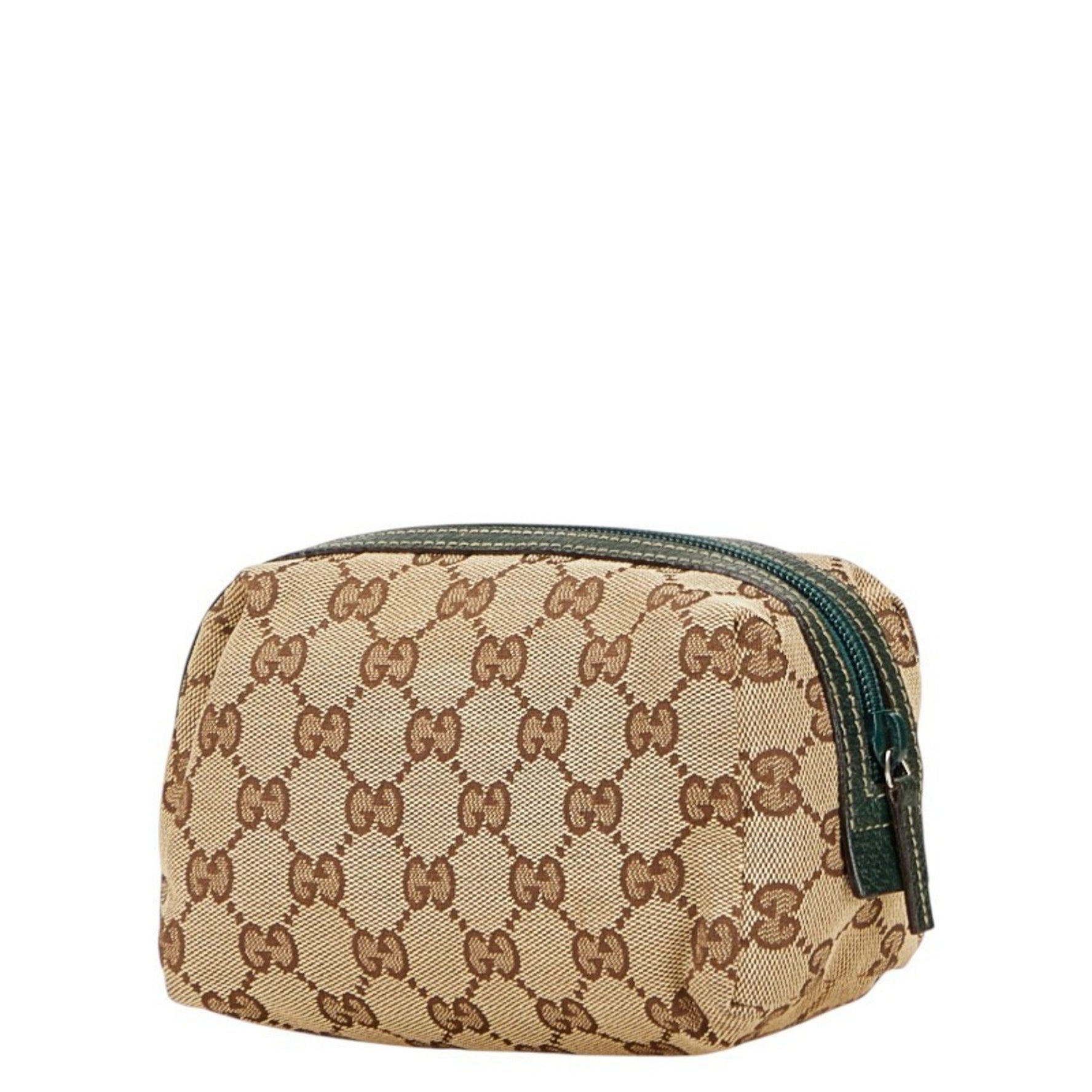 Gucci GG Canvas Pouch Beige Green Leather