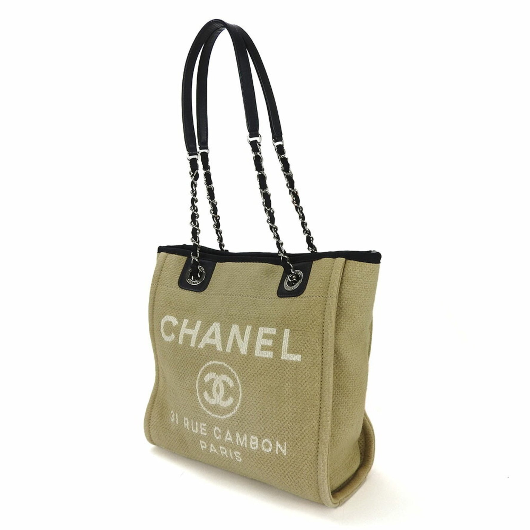 CHANEL Tote Bag PM Chain Deauville No. 16 Canvas Beige Black Coco Mark Ladies chain tote bag coco deauville shoulder beige