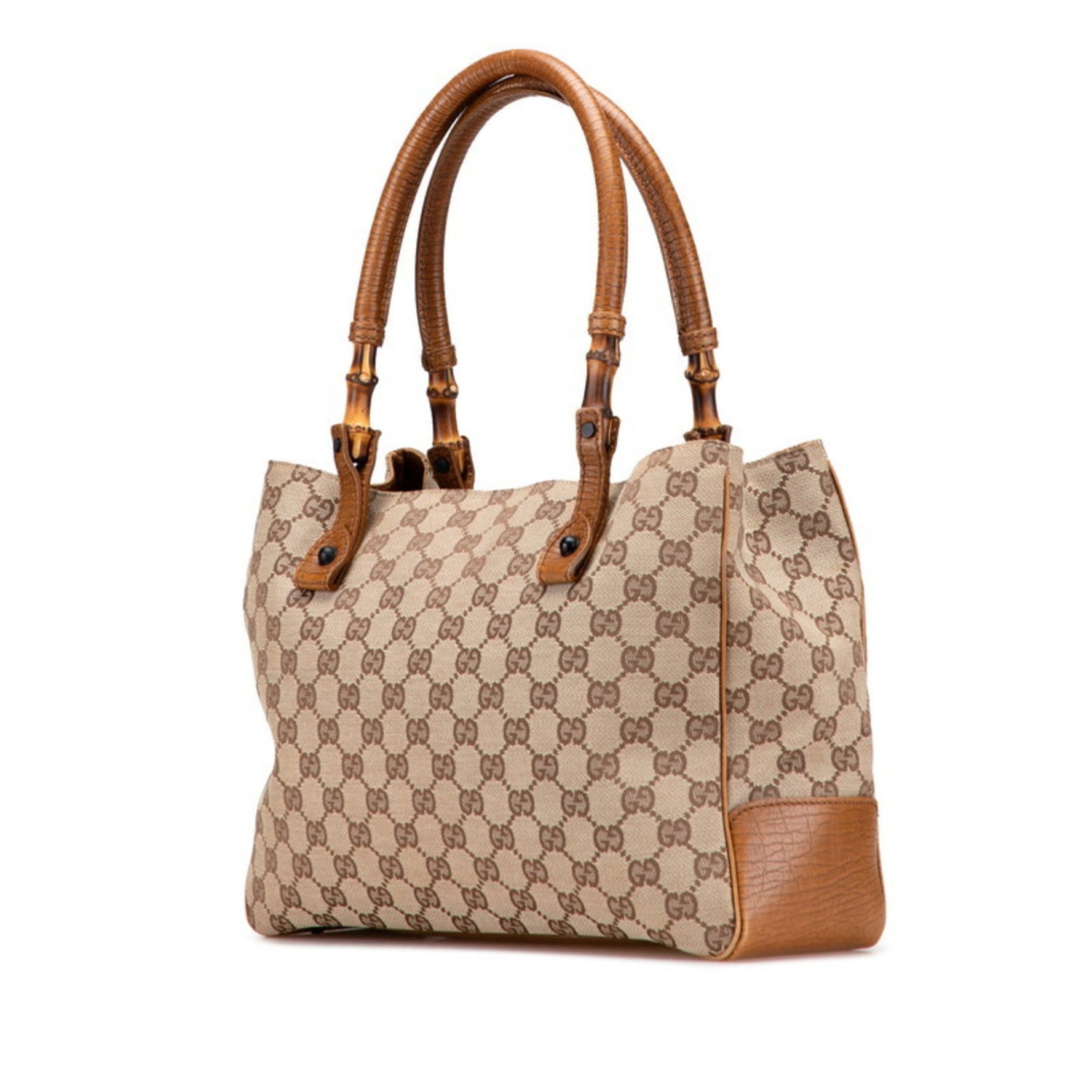 Gucci GG Canvas Bamboo Tote Bag Beige Brown Leather