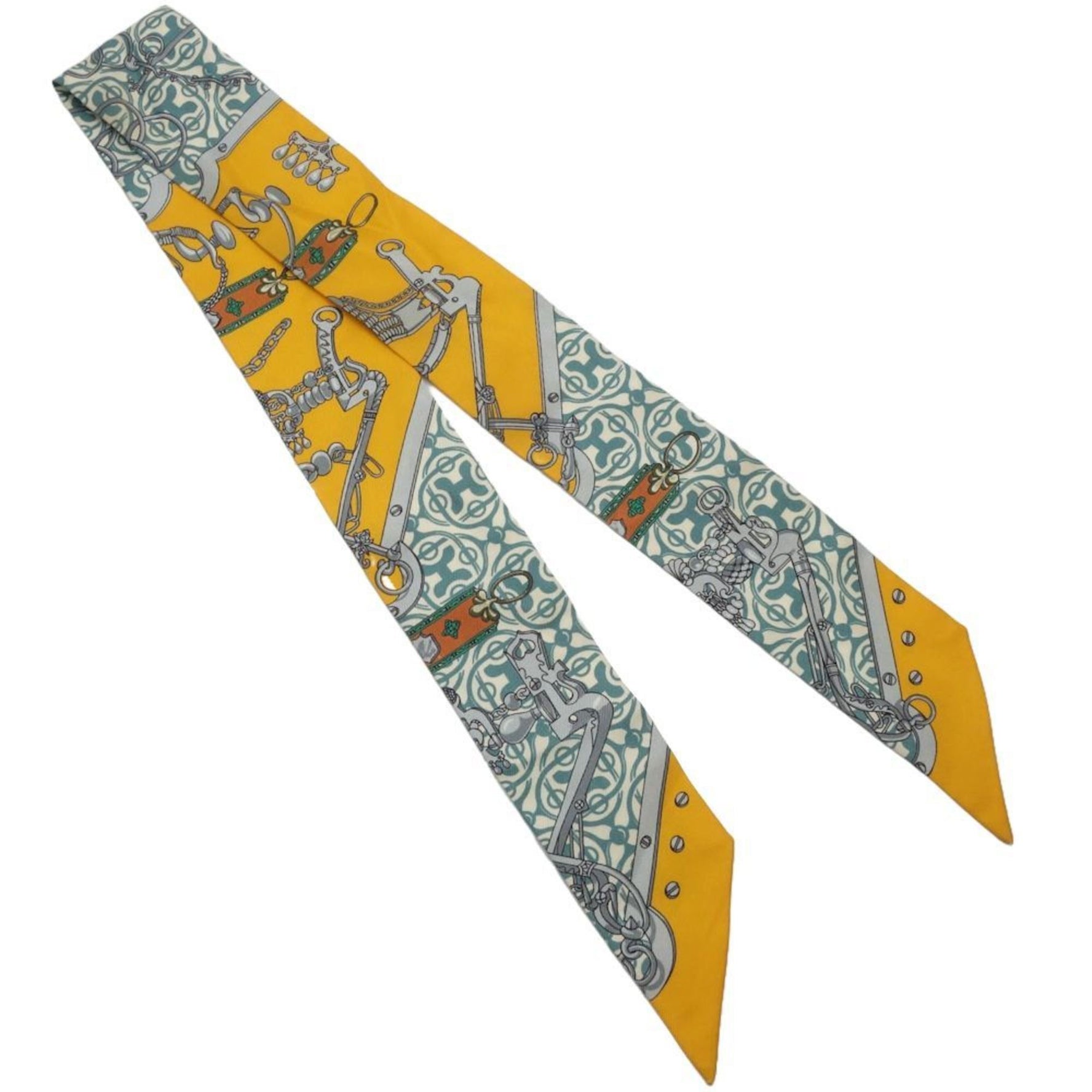 HERMES Scarf Twilly Horse Bit and Chain Silk Multicolor Orange Green