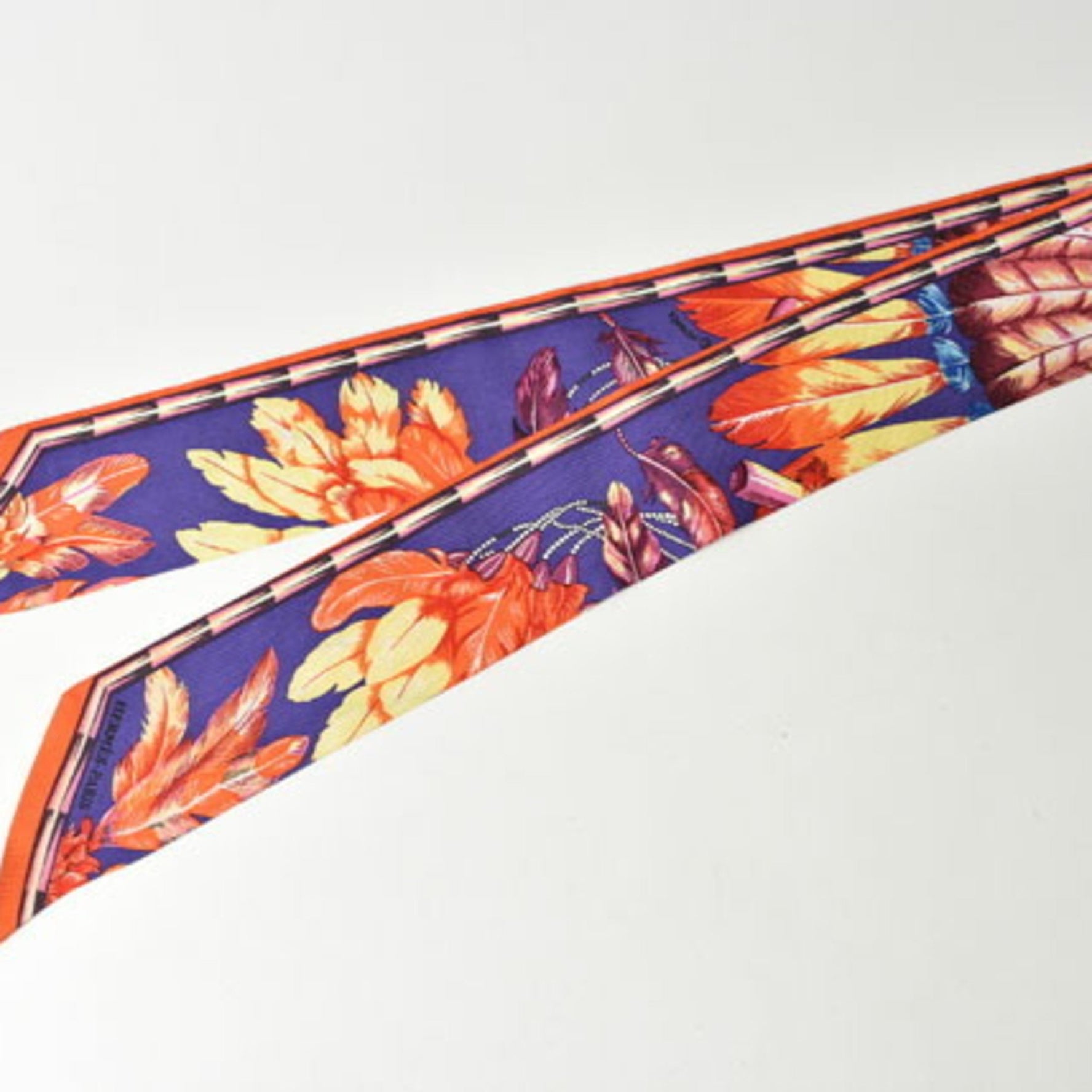 Hermes Twilly Scarf Muffler Silk Twill Feather Motif Purple Orange Multi