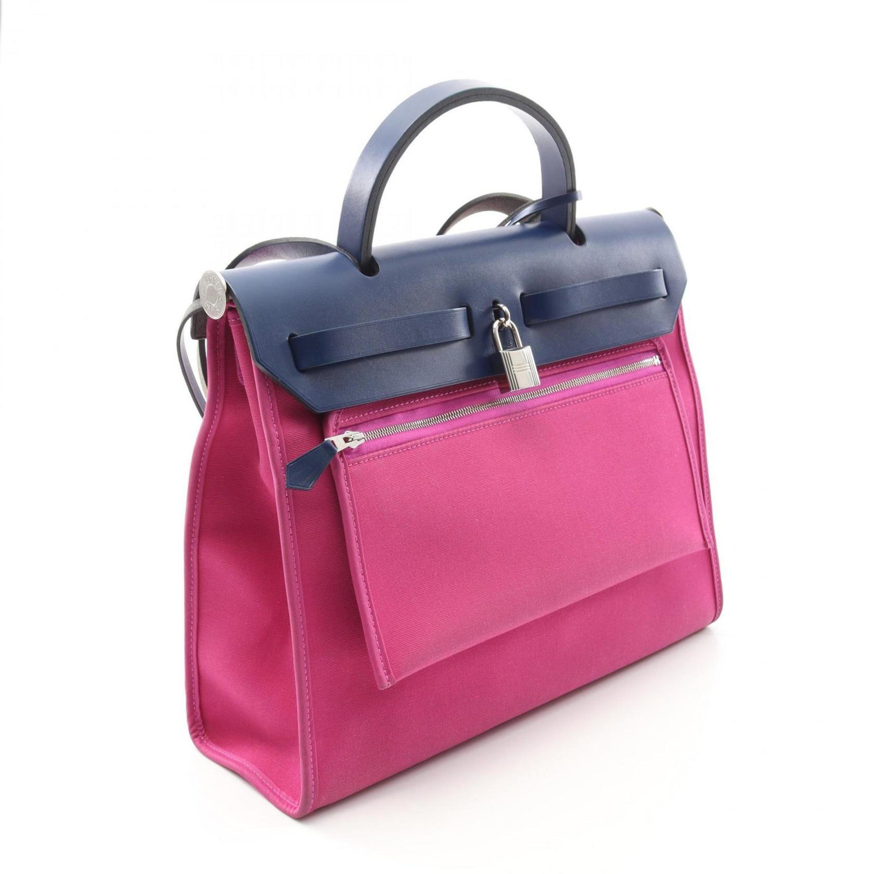 Hermes Hermès Airbag Zip PM Handbag, Canvas and Leather, Toile Officier Vache Hunter, Pink, Navy, Blue Sapphire