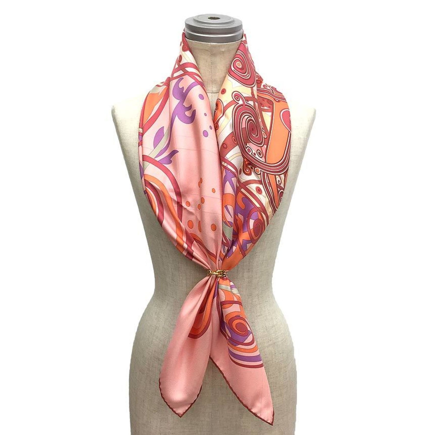 HERMES Scarf Muffler Carre 90 COMME HISTOIRES Rose Poudre/Coral/Mauve 100% Silk