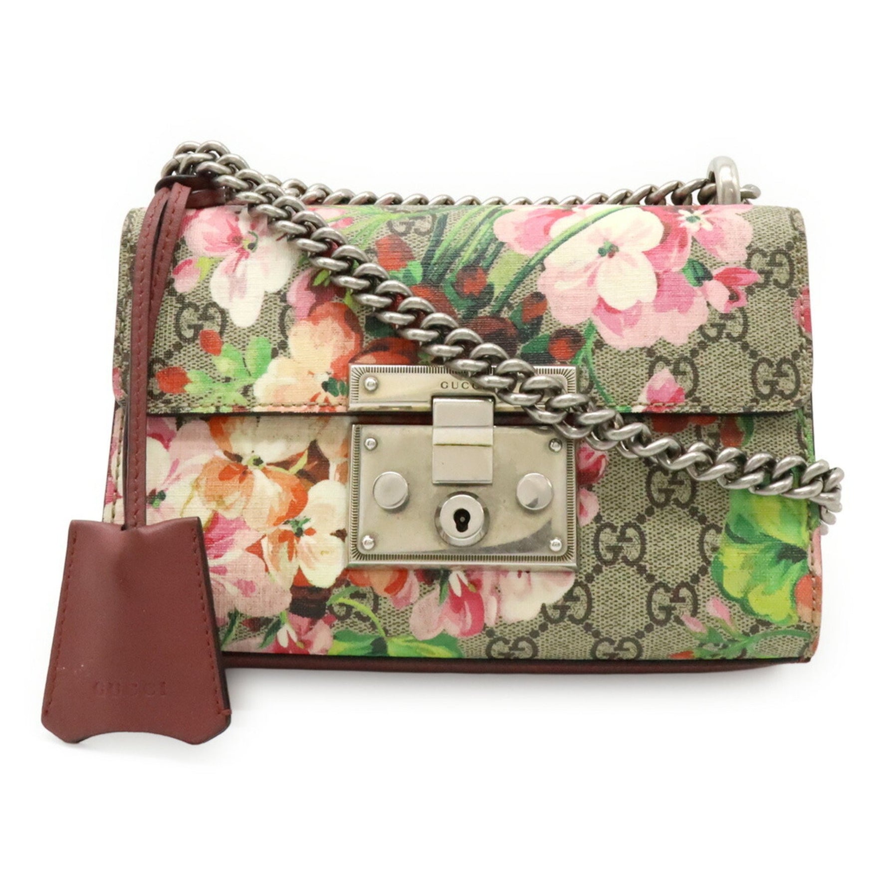 GUCCI GG Blooms Padlock Small Shoulder Bag with Chain, Floral PVC, Beige and Pink Multicolor
