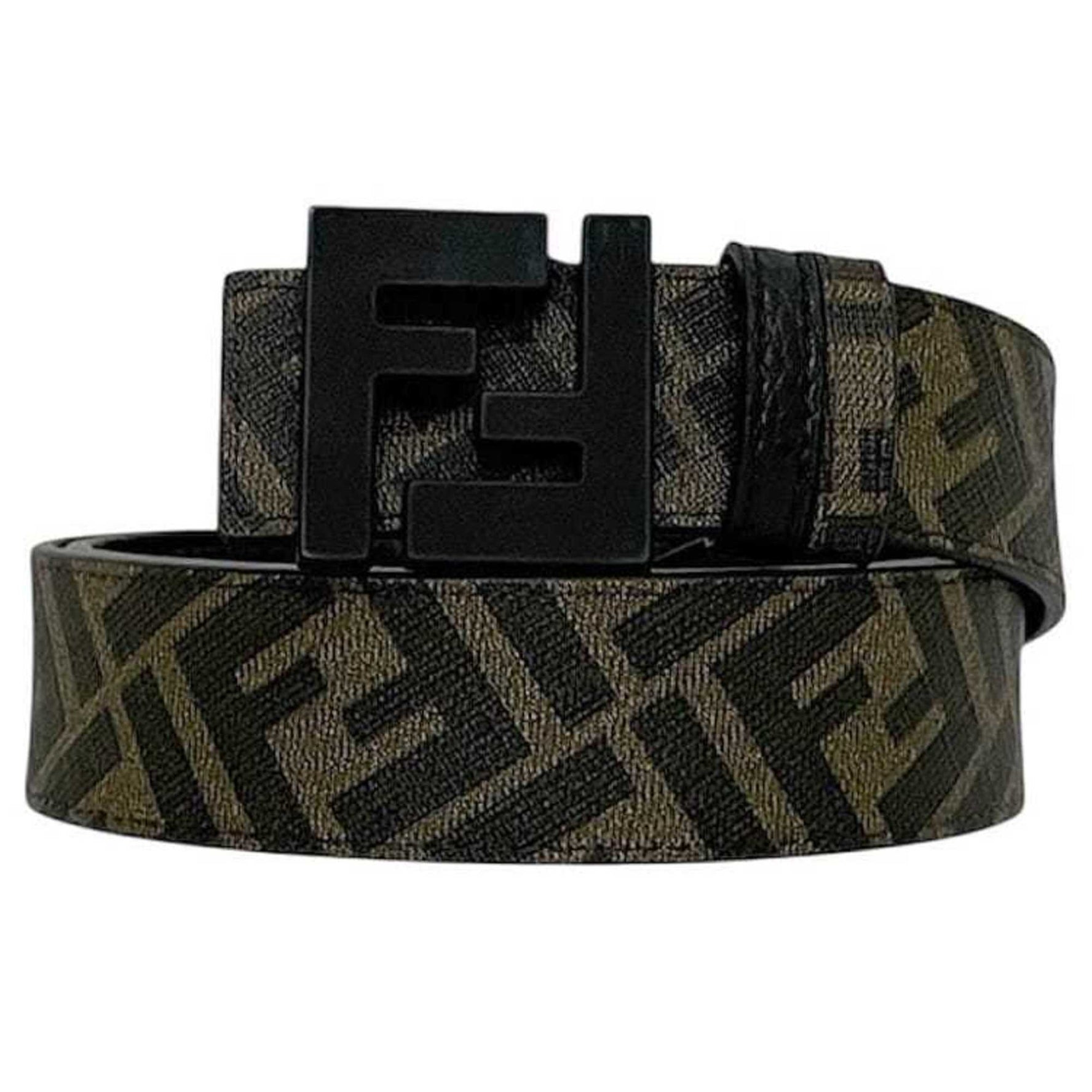 Fendi reversible belt khaki and black, Zucca, unused, PVC leather, FF, waist, dark green buckle, women.
