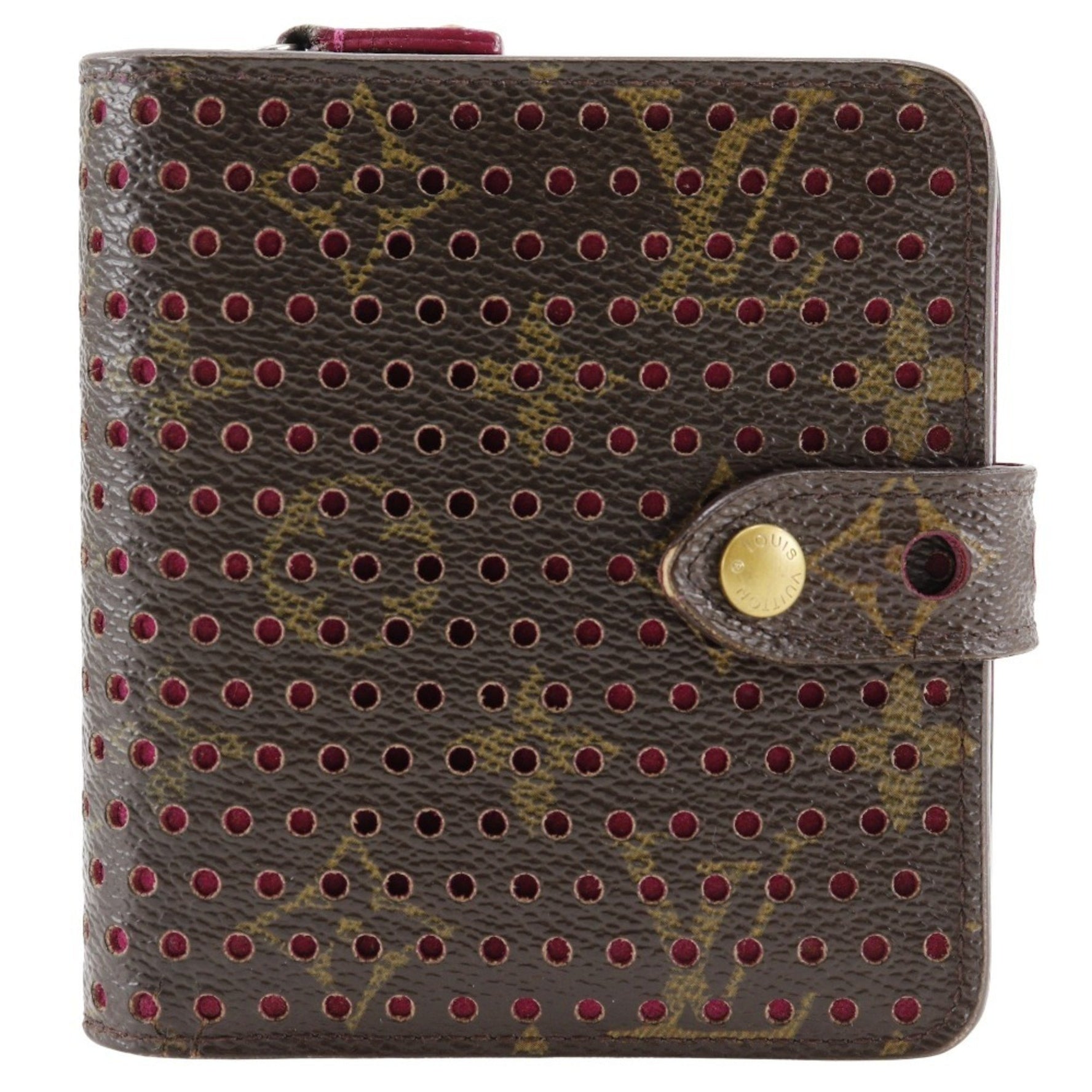 Louis Vuitton Compact zip bifold wallet Monogram Perforated canvas Fuchsia 2006 Brown/Pink Snap button