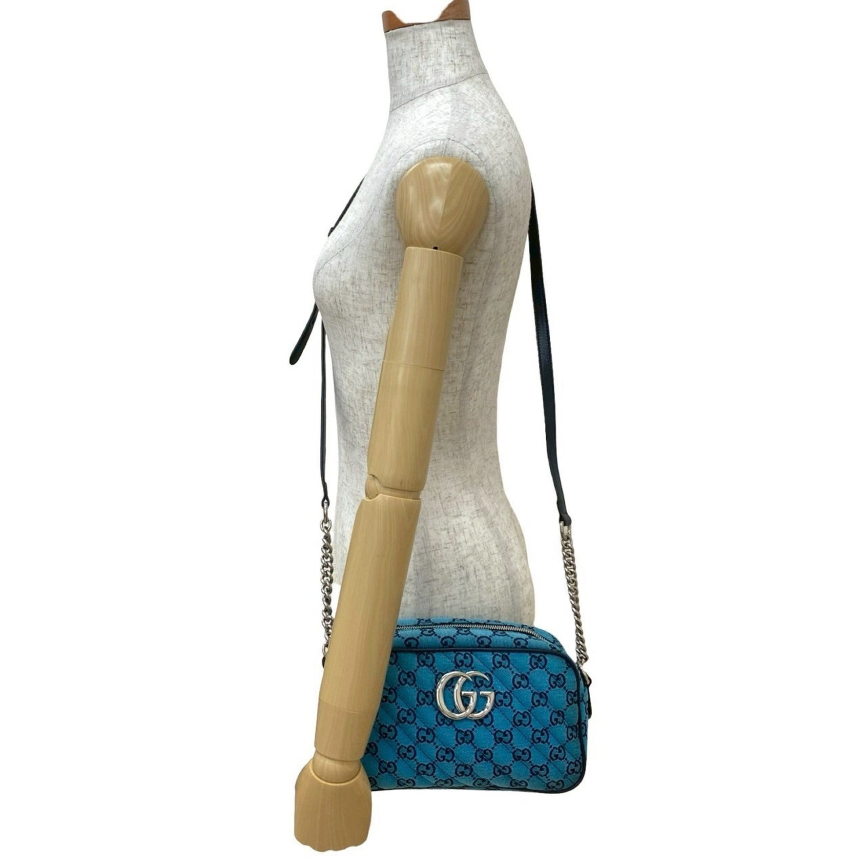 GUCCI GG Marmont Canvas Leather Chain Shoulder Bag Pochette Sacoche Blue Navy