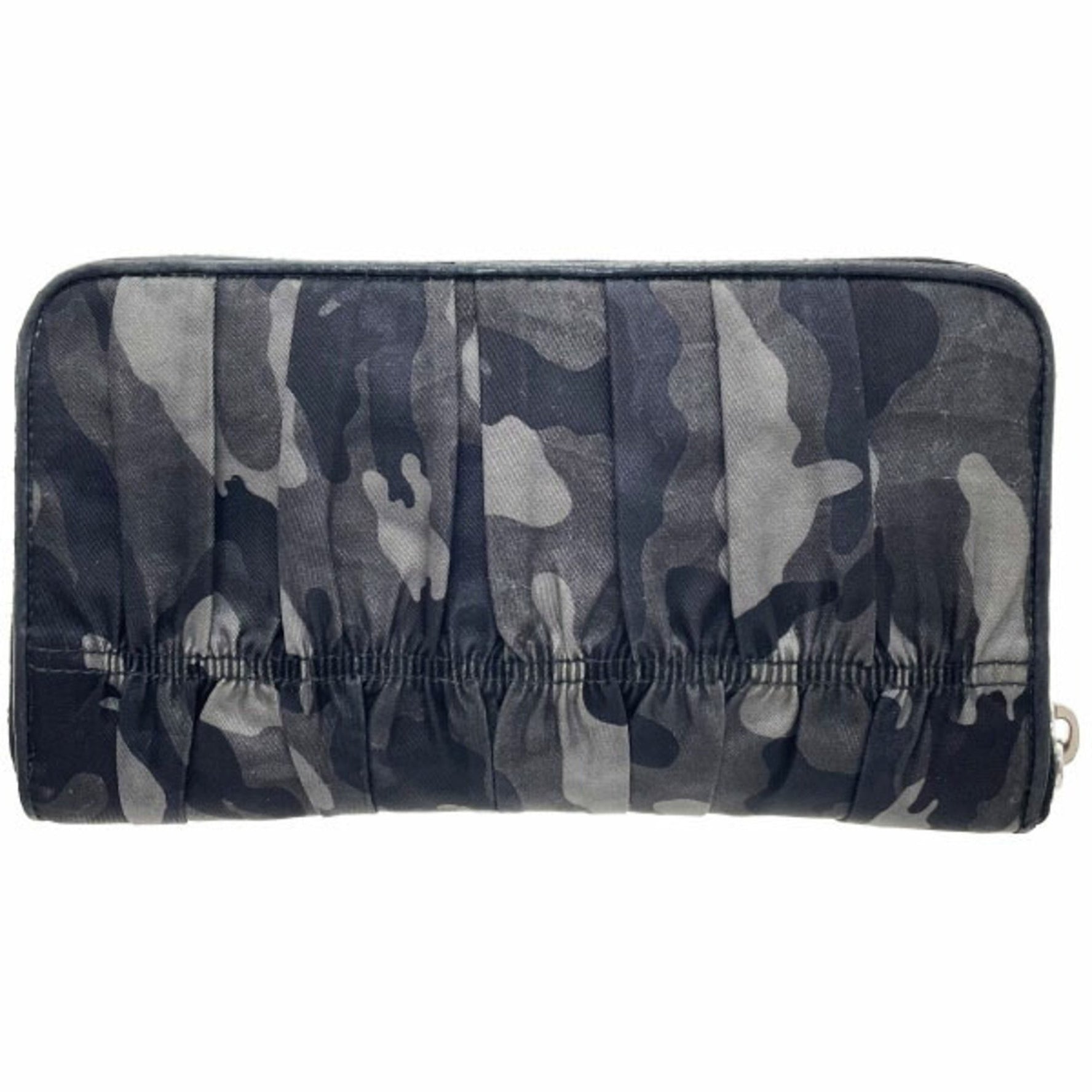 Prada Camouflage Round Long Wallet, Nylon and Leather, Gray Black, Pattern, Shirring, Gathered Pleats