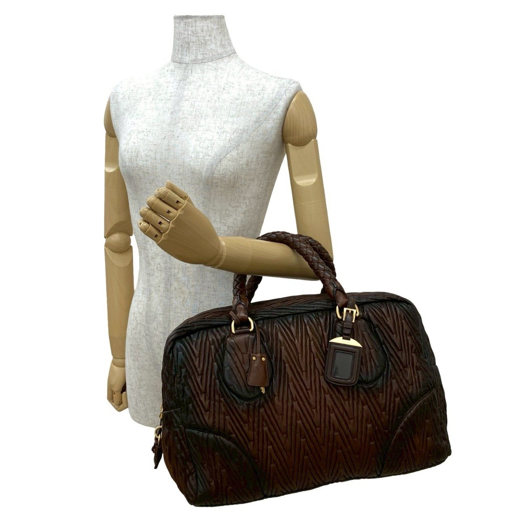 PRADA Triangle Logo Plate with Metal Fittings, Quilted Leather, Genuine Leather Handbag, Boston Bag, Tote