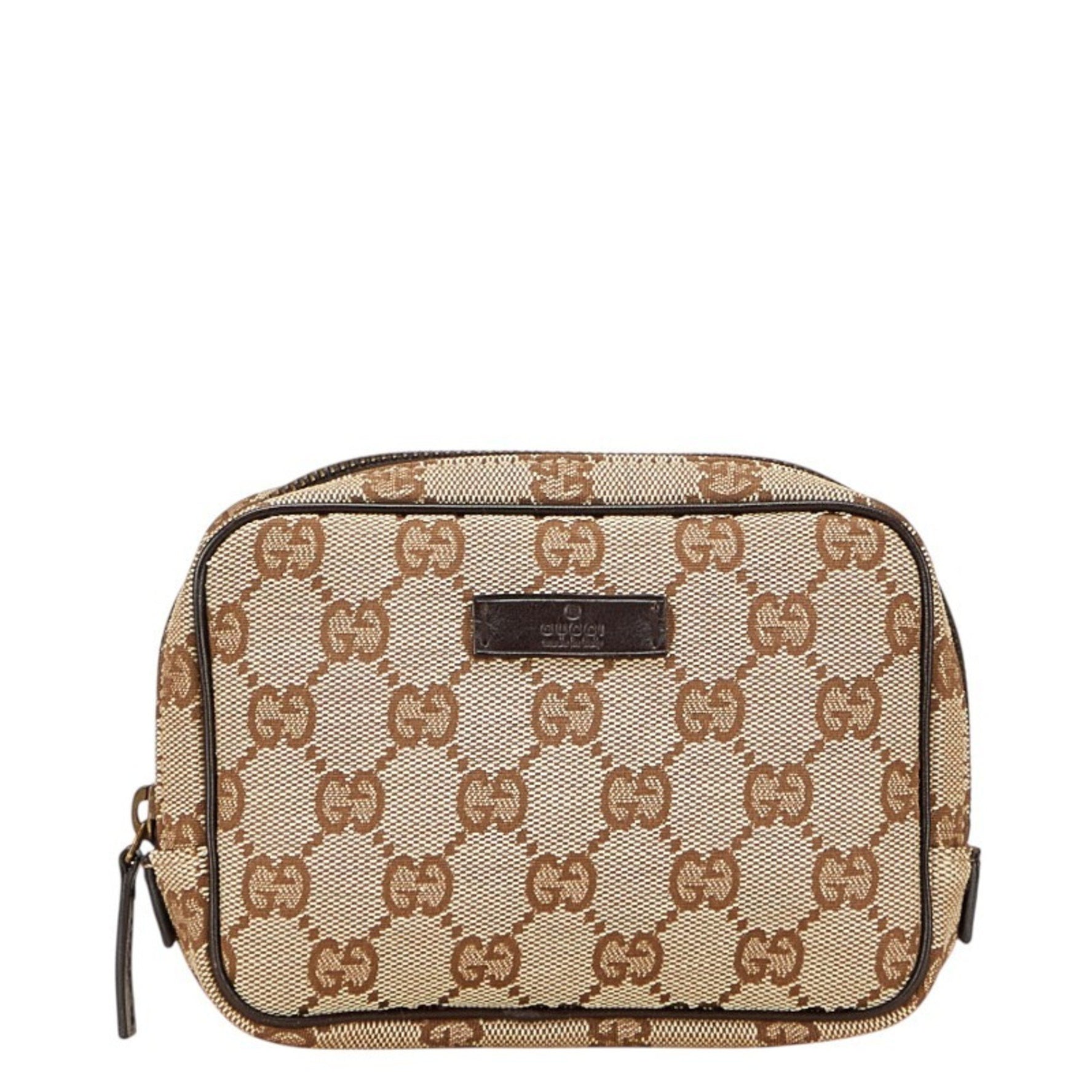 Gucci GG Canvas Pouch Beige Brown Leather