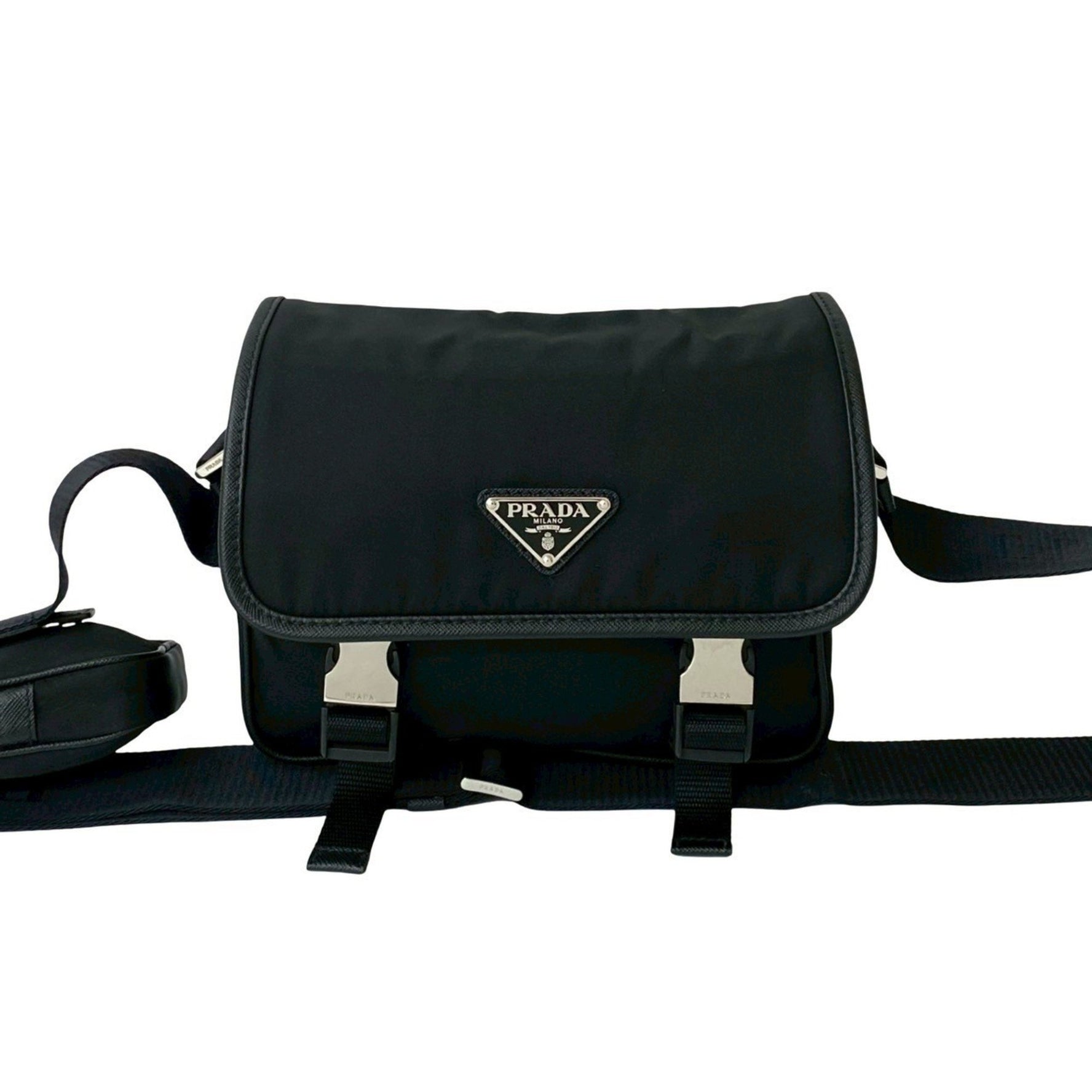 PRADA Triangle Logo Metal Hardware Nylon Saffiano Leather Mini Shoulder Bag Pochette