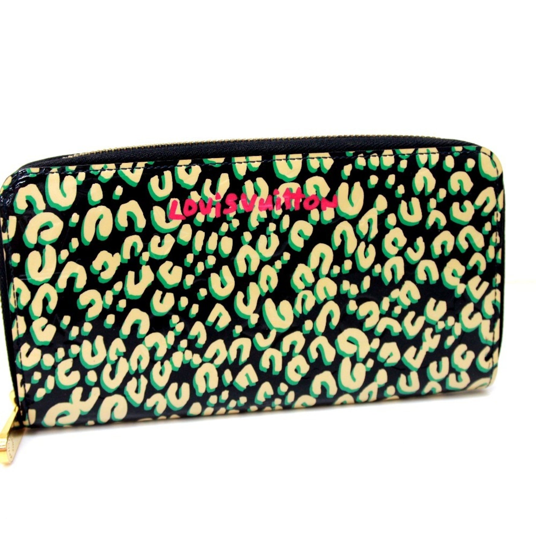 Louis Vuitton Round Long Wallet Zipper Vernis Leopard Patent Leather Blue Infini