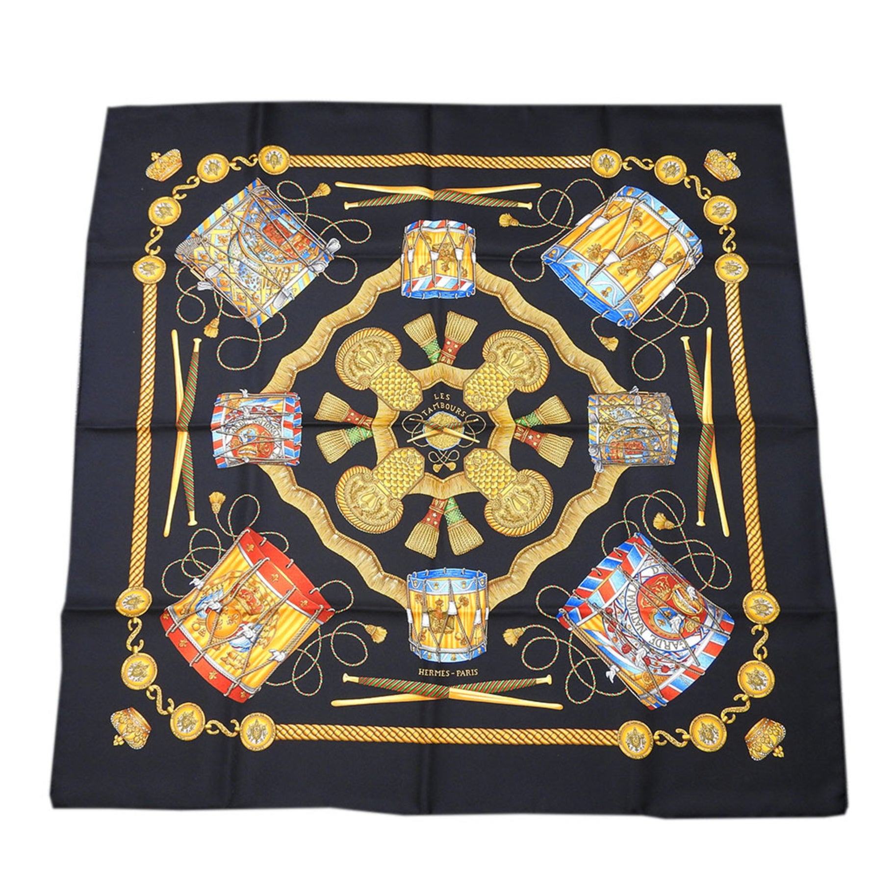 Hermes Carré 90 Scarf Silk Black Gold LES TAMBOURS