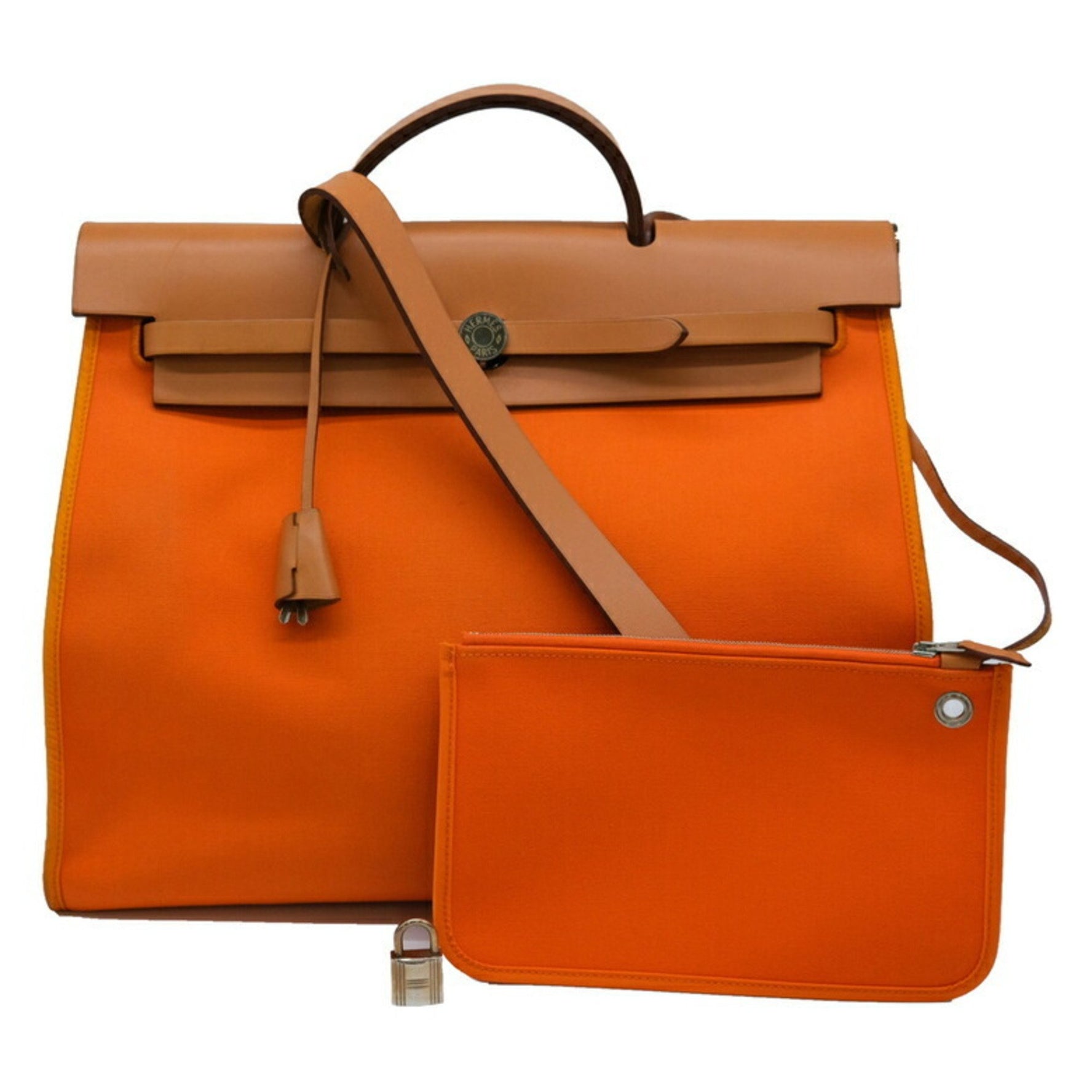 HERMES Airbag Zip MM Shoulder Bag Handbag Toile Officier Leather