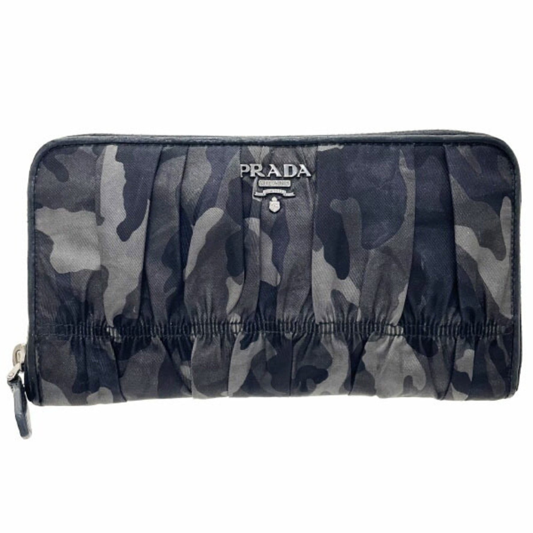 Prada Camouflage Round Long Wallet, Nylon and Leather, Gray Black, Pattern, Shirring, Gathered Pleats