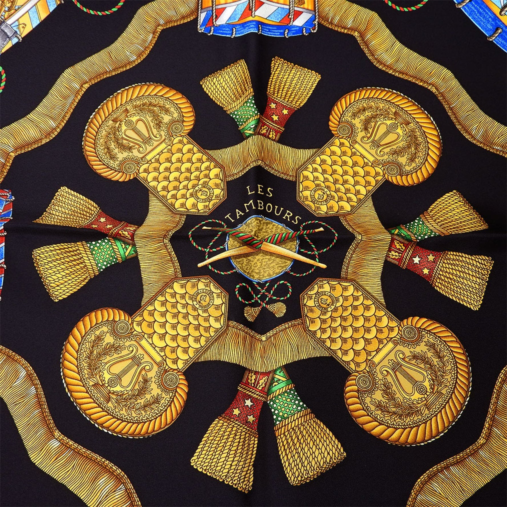 Hermes Carré 90 Scarf Silk Black Gold LES TAMBOURS