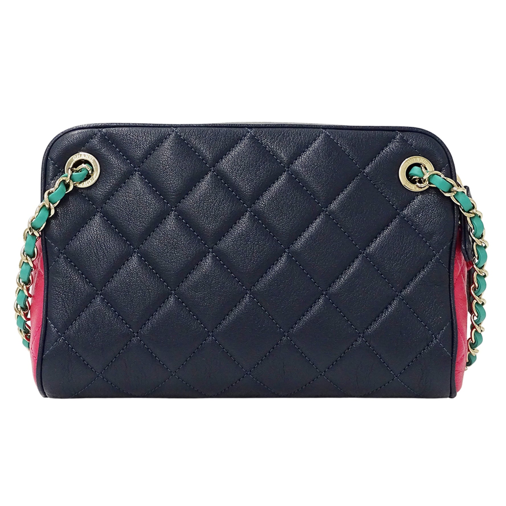 CHANEL Matelasse Shoulder Bag, Camera Leather Tricolor, Blue, Pink, Green, Gold Hardware, Chain Mini Small