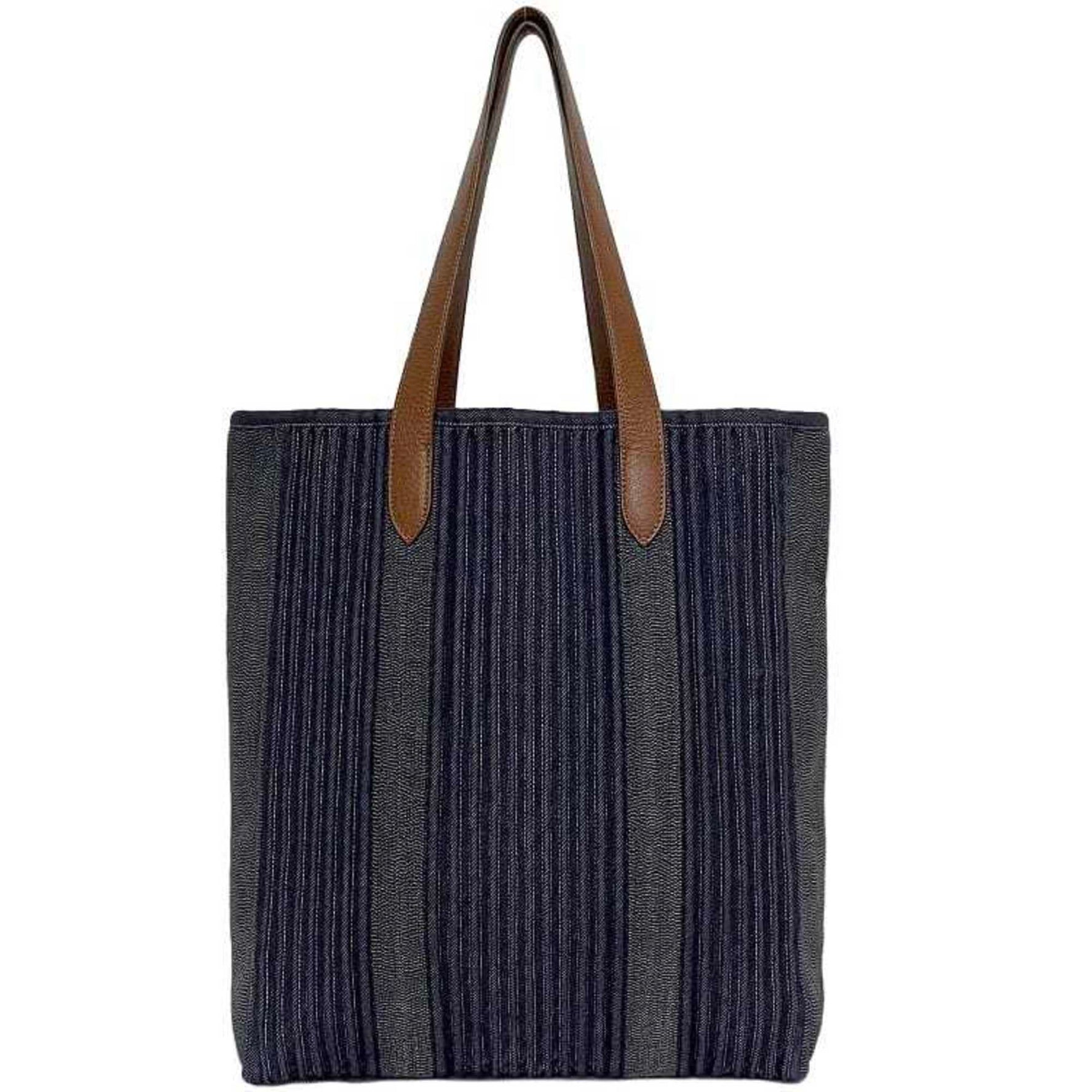 Hermes Tote Bag Calicut Denim Navy Brown Canvas Leather □L Stamp Unisex