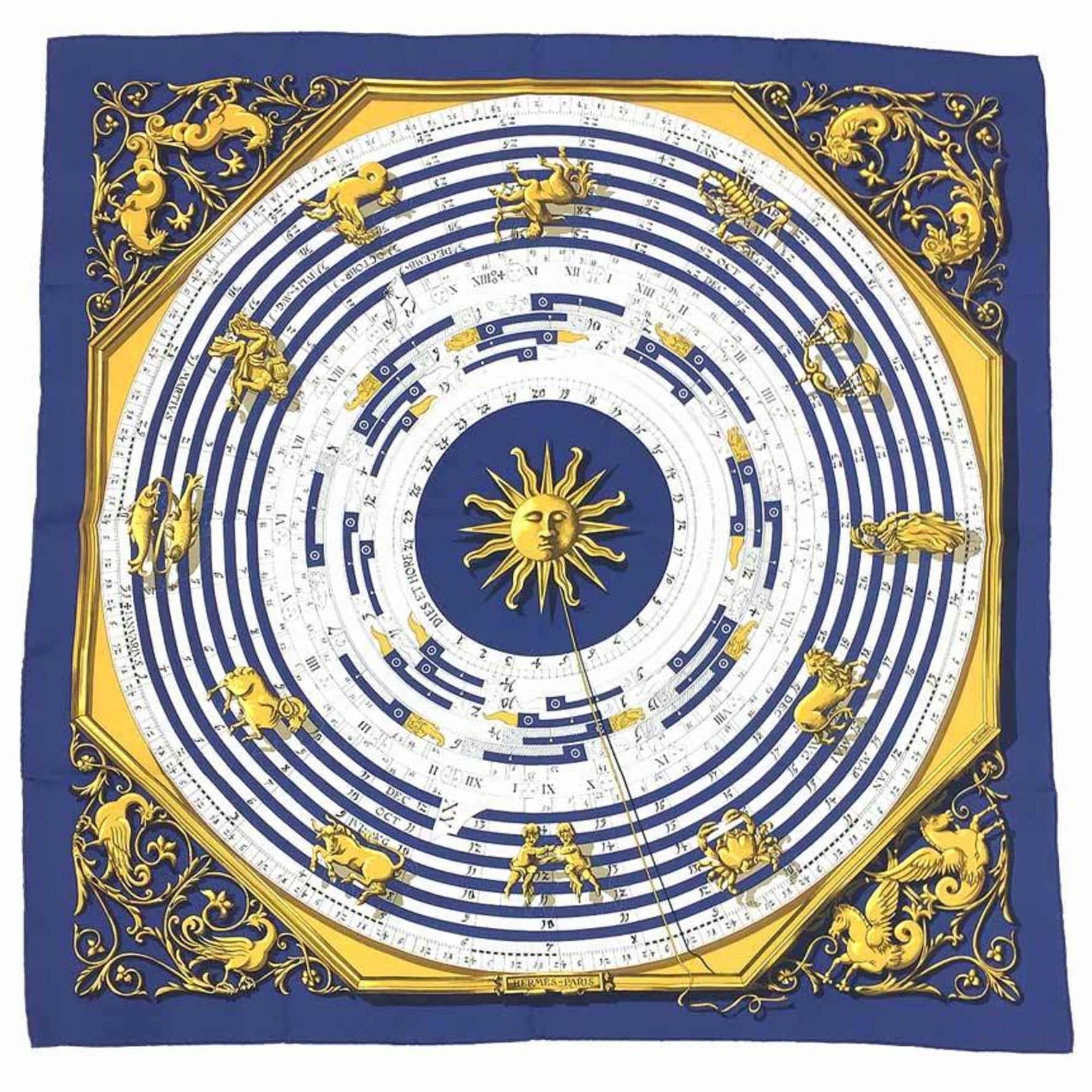 HERMES Scarf Muffler Carre 90 DIES ET HORE Astrology Constellation Pattern Horoscope Navy x White 100% Silk