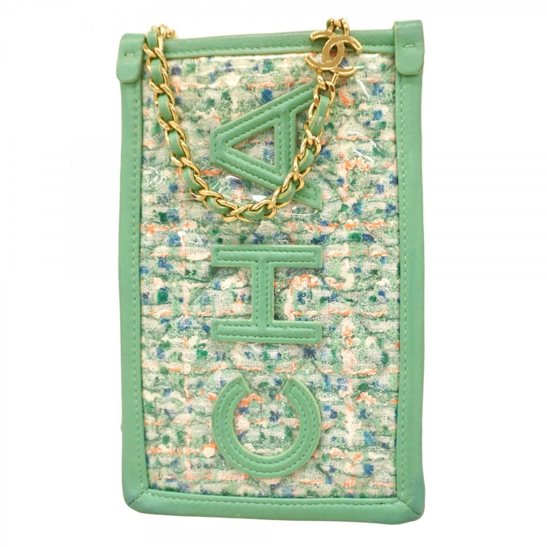 Chanel Shoulder Bag Chain Leather Tweed Vinyl Champagne