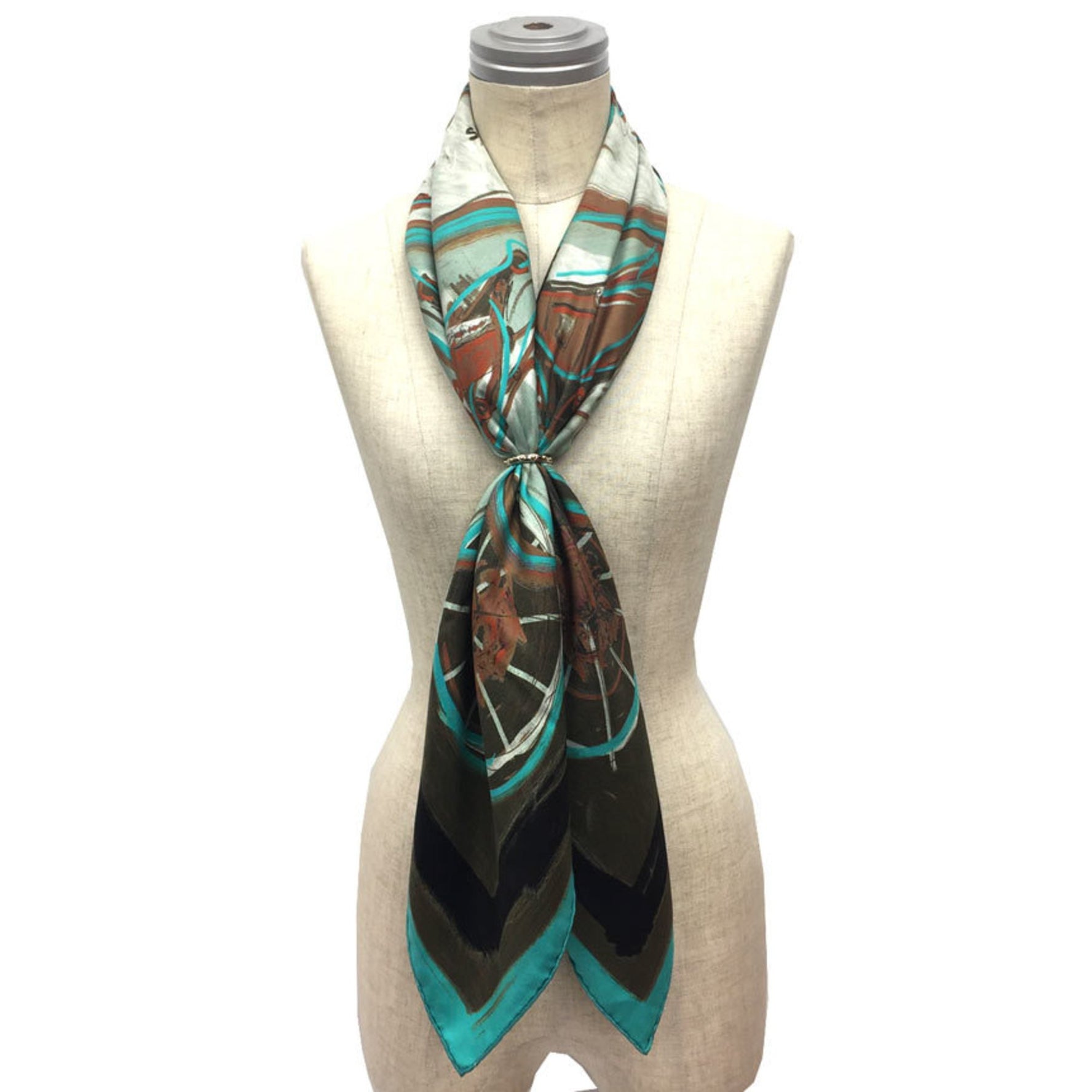 HERMES Carre 90 Scarf Muffler NEW SPRINGS New Spring Carriage Pattern Khaki x Light Blue 100% Silk