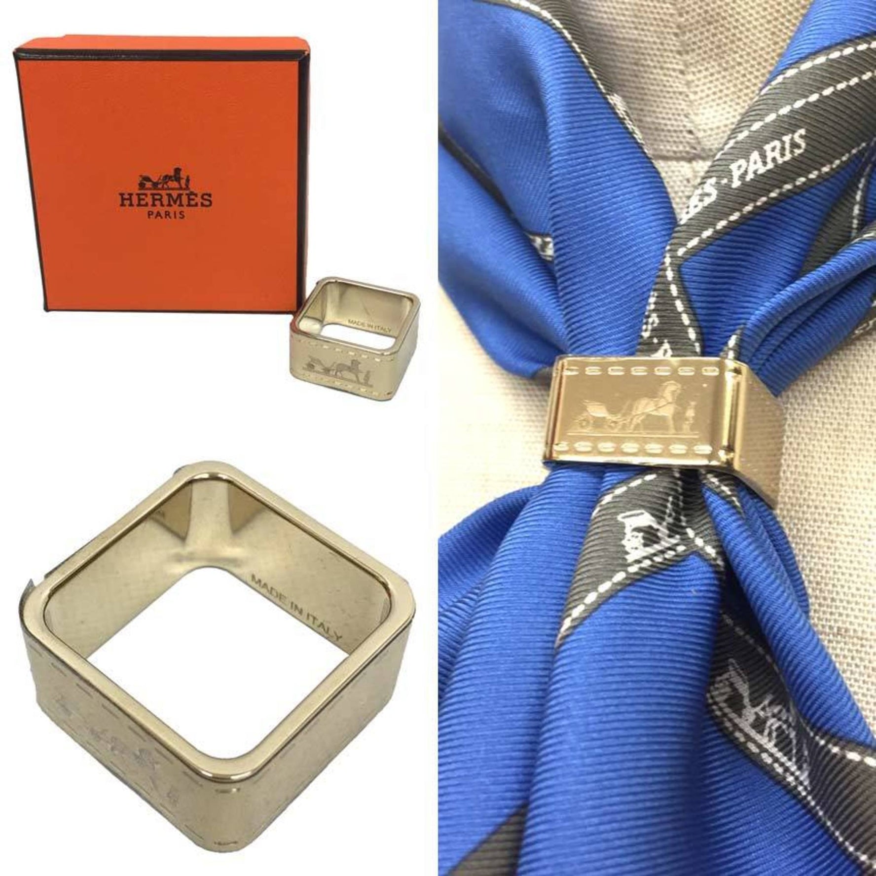 Hermes Scarf Ring Clasp Bolduc Carriage Pattern Silver Horse