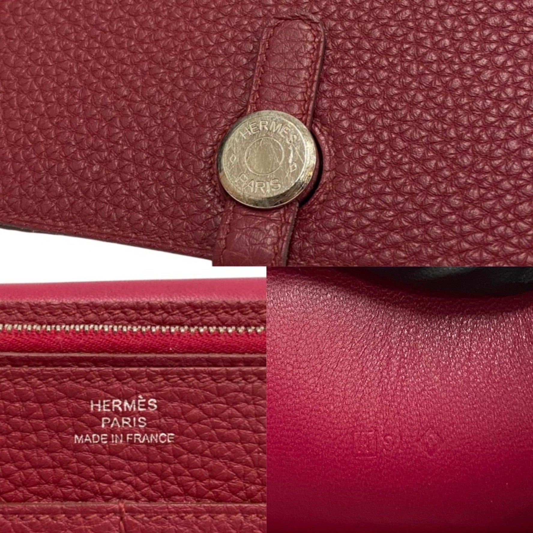 Engraved HERMES Dogon GM Taurillon Clemence Leather Genuine Bifold Long Wallet Red
