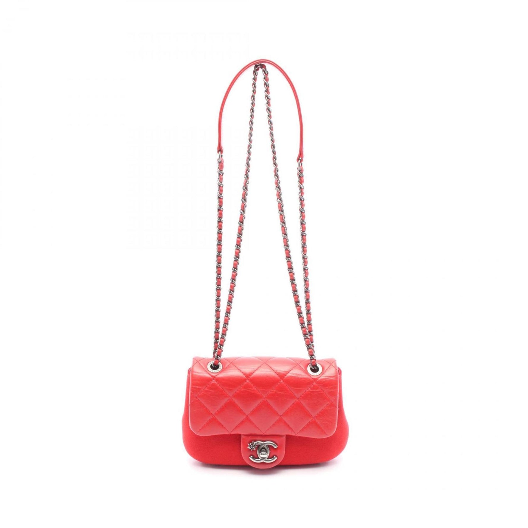 CHANEL Matelasse Shoulder Bag Leather Felt Red