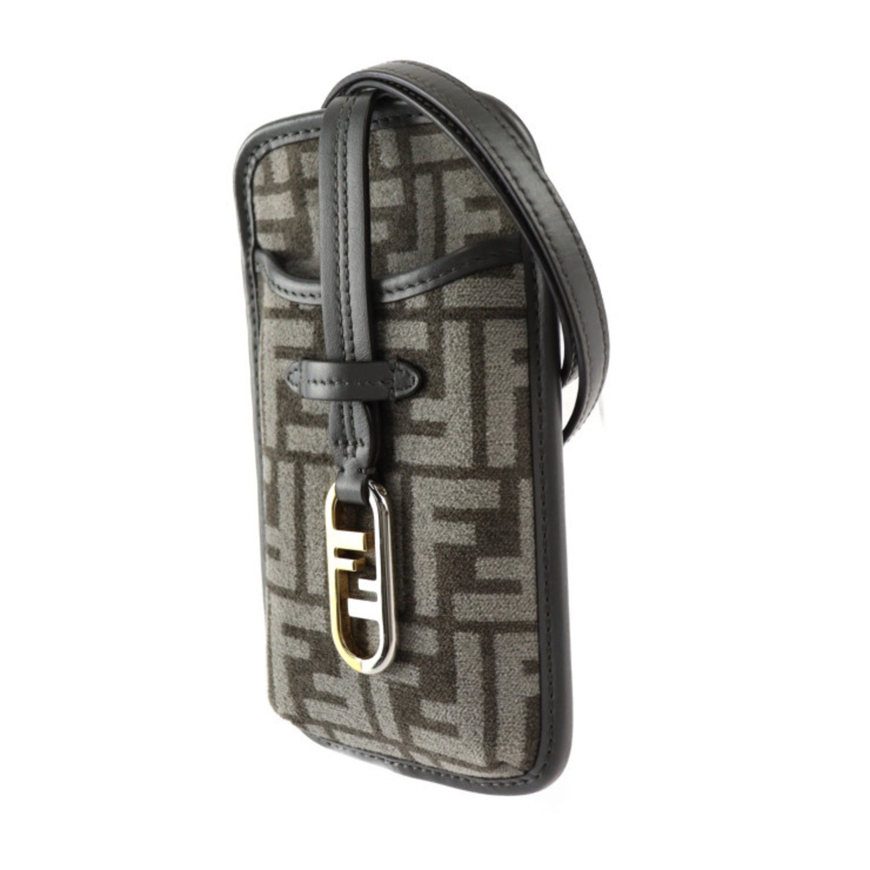 FENDI Phone Pouch Orlock Shoulder Bag Viscose x Leather Grey Zucca Pattern Smartphone Case Wallet/Coin Business Card Holder/Card Multi-Pochette