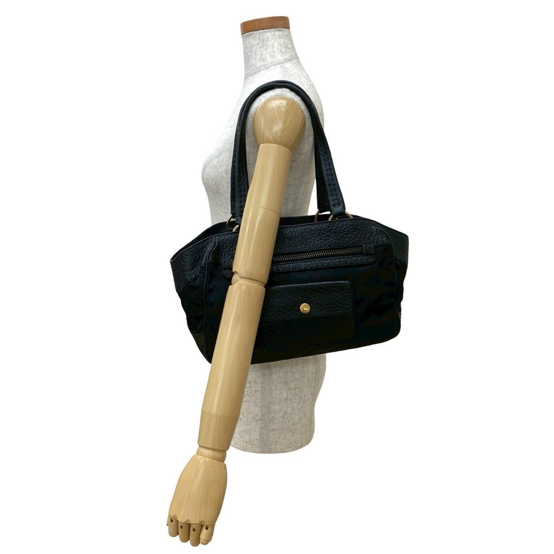 PRADA Triangle Logo Plate Hardware Leather Tessuto Nylon Semi-Shoulder Bag Mini Tote