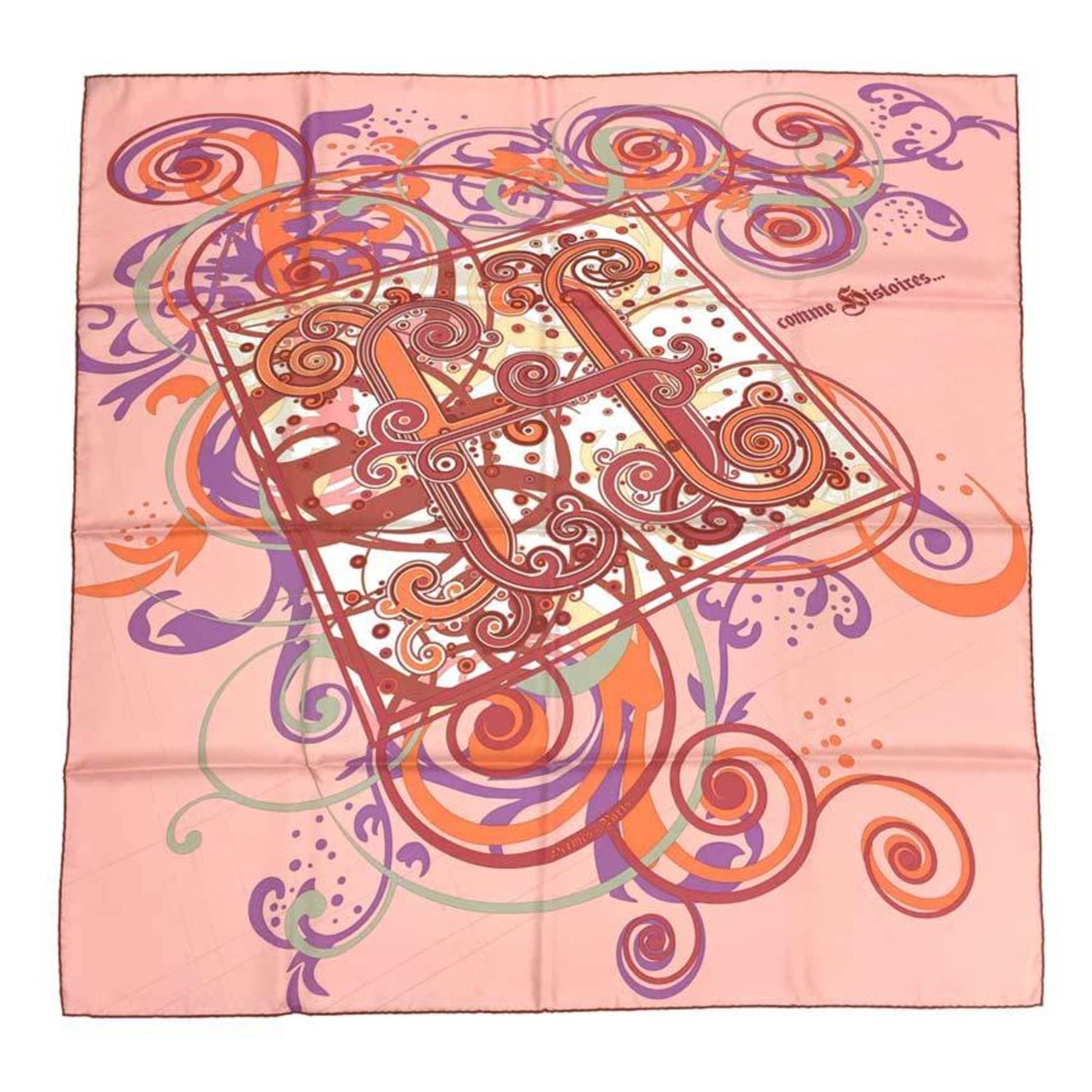 HERMES Scarf Muffler Carre 90 COMME HISTOIRES Rose Poudre/Coral/Mauve 100% Silk