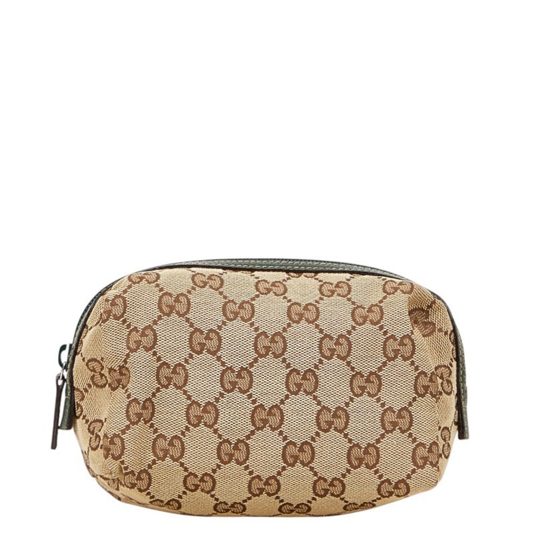 Gucci GG Canvas Pouch Beige Green Leather