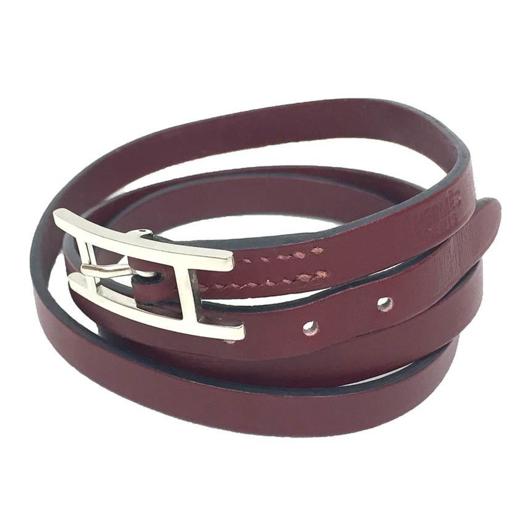 HERMES Leather Bracelet Choker Rouge Ash □ I Stamp S Size