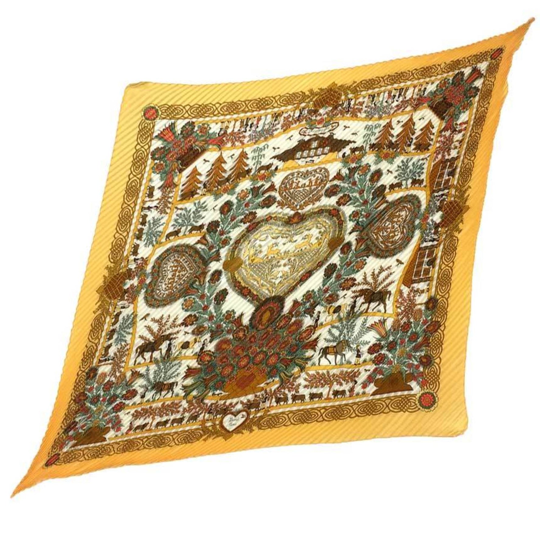 HERMES Pleated Scarf Carré 90 Decoupages by Anne Rosat 100% Silk Yellow/Multicolor