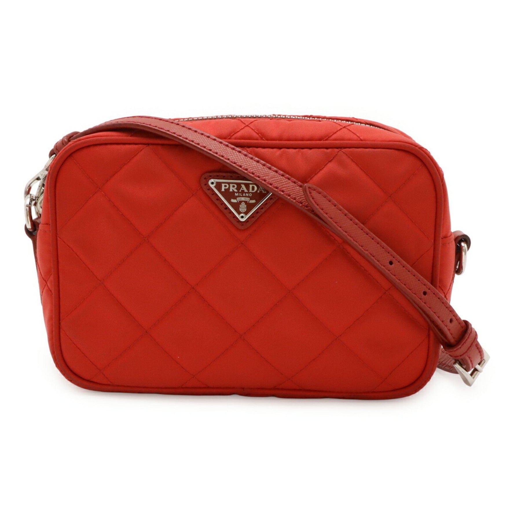 PRADA Triangle Shoulder Bag, Pochette, Clutch Quilted Nylon and Leather, Red